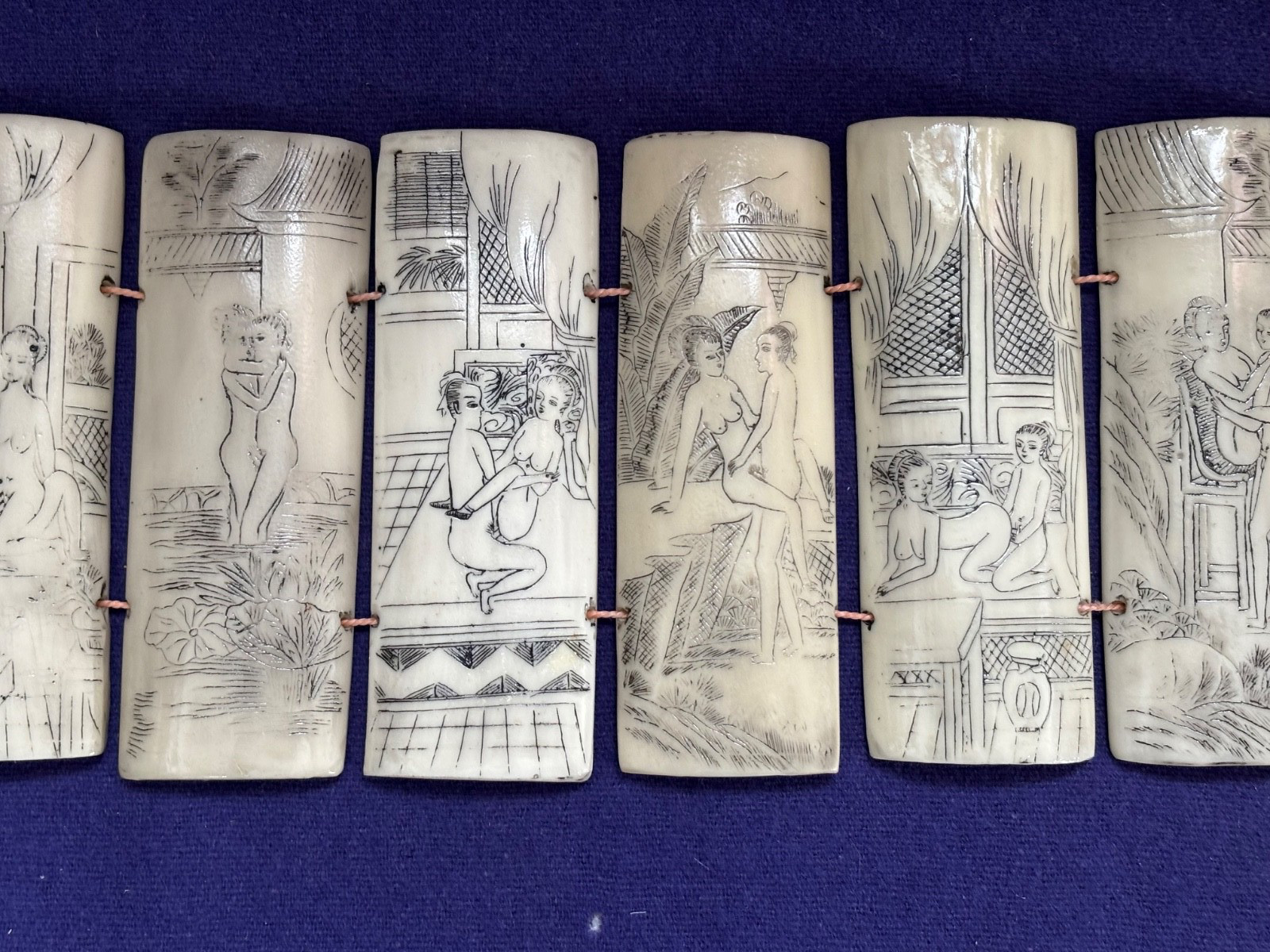 10 ANTIQUE CHINESE SCRIMSHAW SHUNGA PANELS ETCHED EROTICA ON BONE PILLOW BOOK