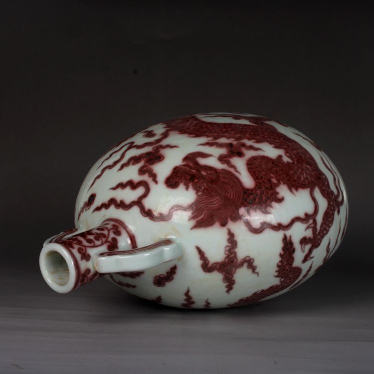 10.2″ Chinese Yuan Porcelain Red Glaze Hand Painting Animal Dragon Oblate Vase