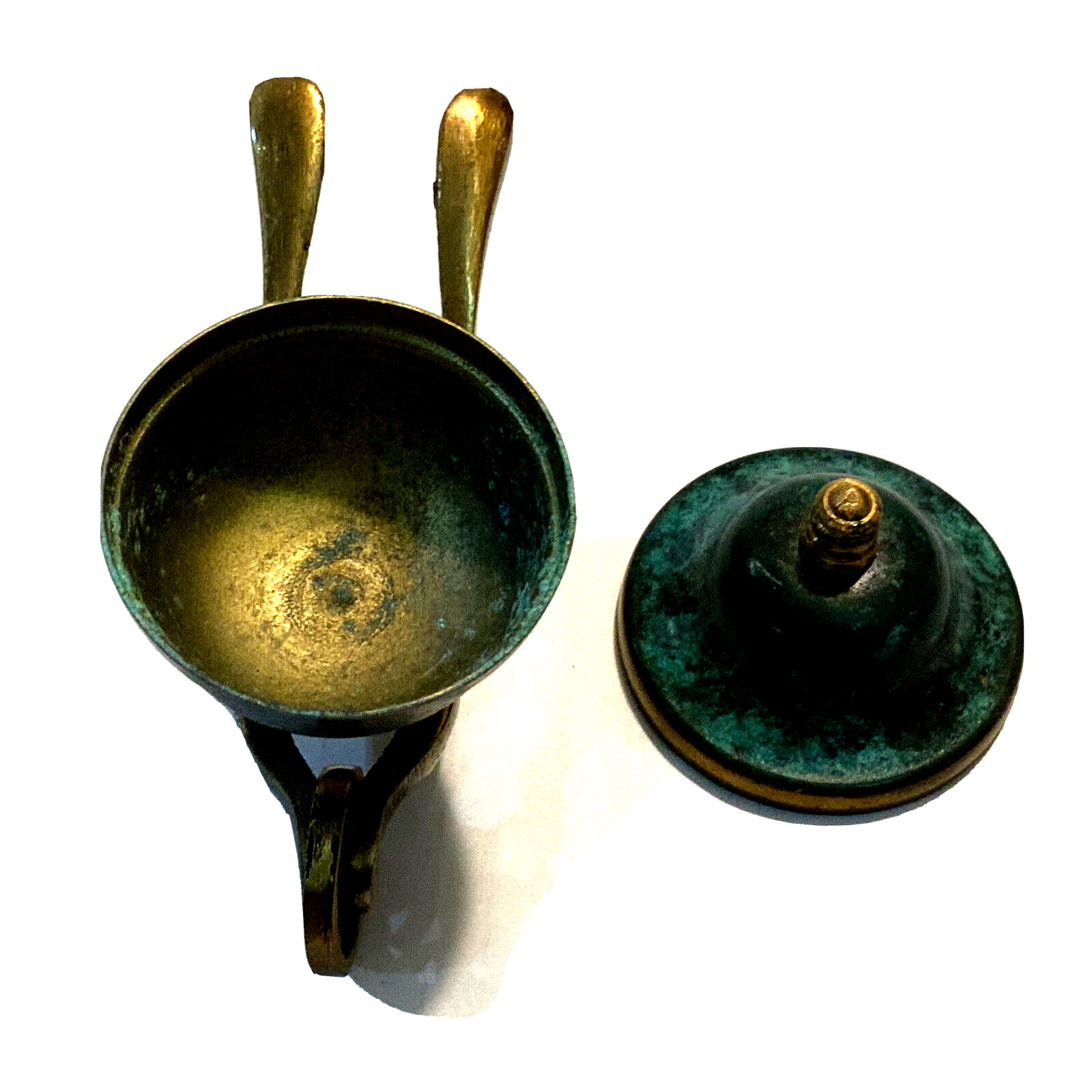 Brass Wheelbarrow Lidded Incense Burner Saccharin Holder Green Marbled 3.25″ tal