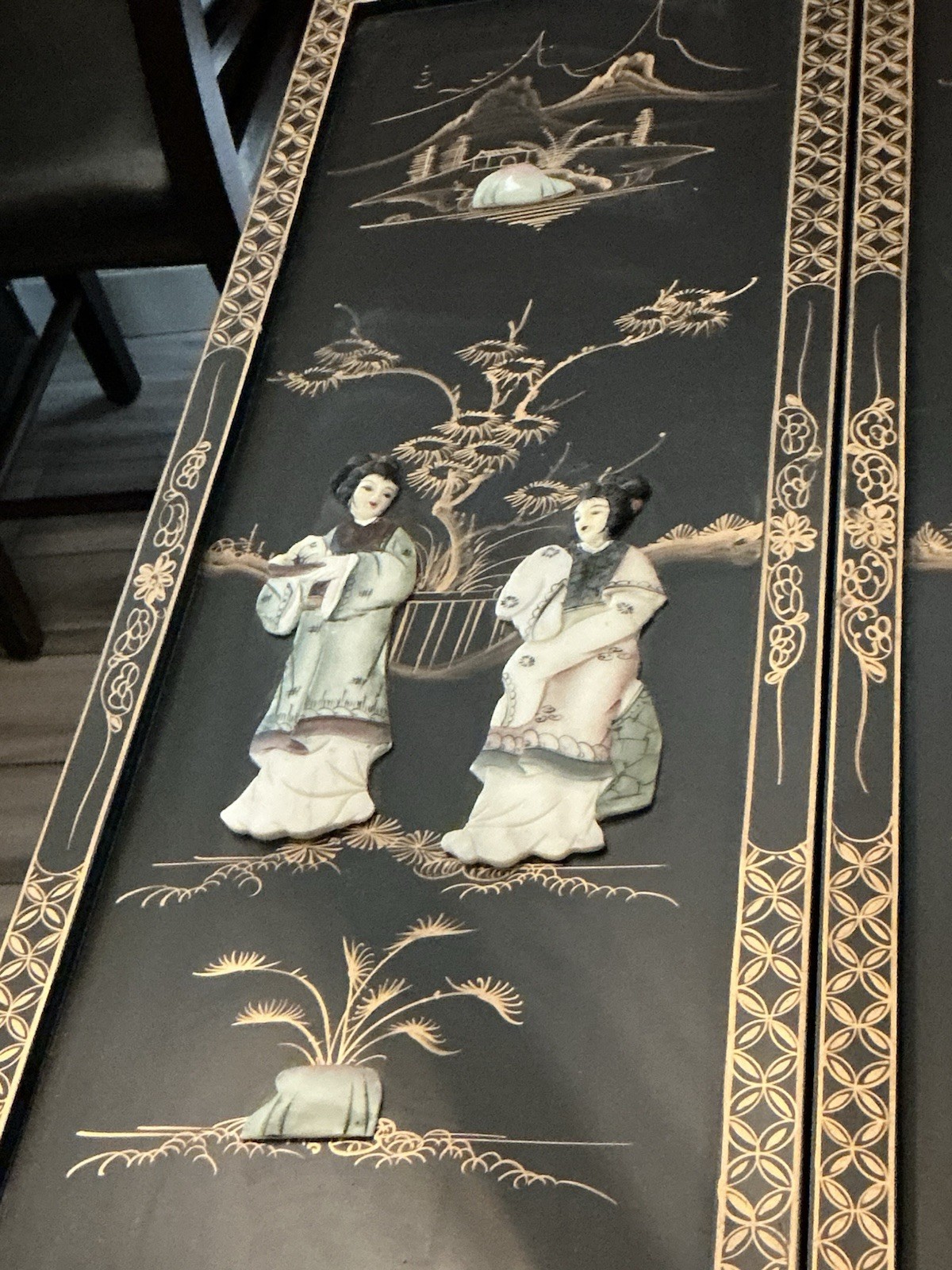 Lot Of 4 Chinese Wood Panel Wall Hanging, 12” By 36”, Used In Great Condition.