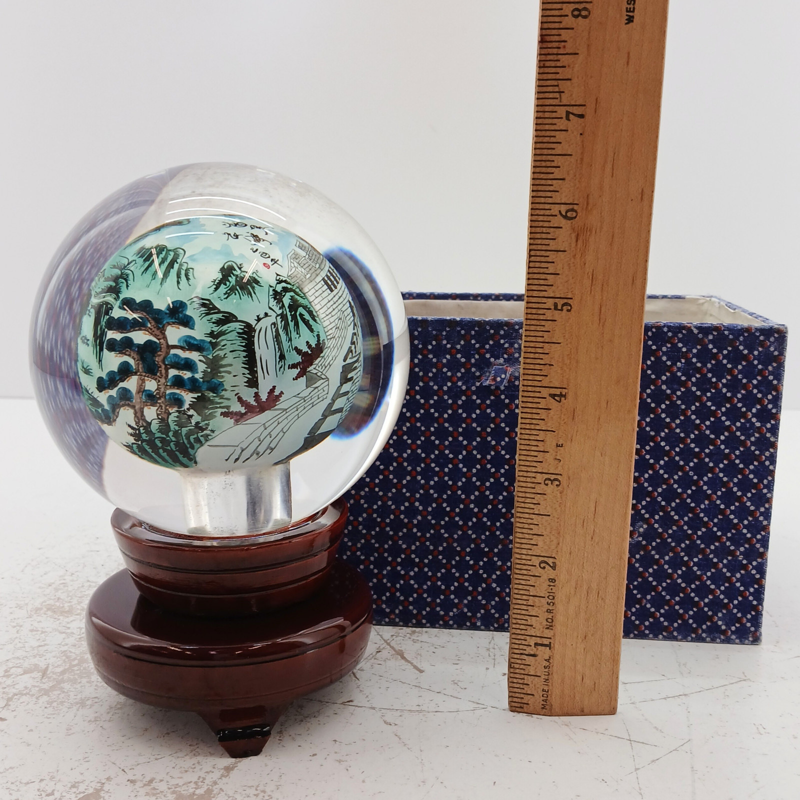 Chinese Handpainted Reverse Glass Art Ball Orb Landscape Scene 4″ Sphere W/ Box