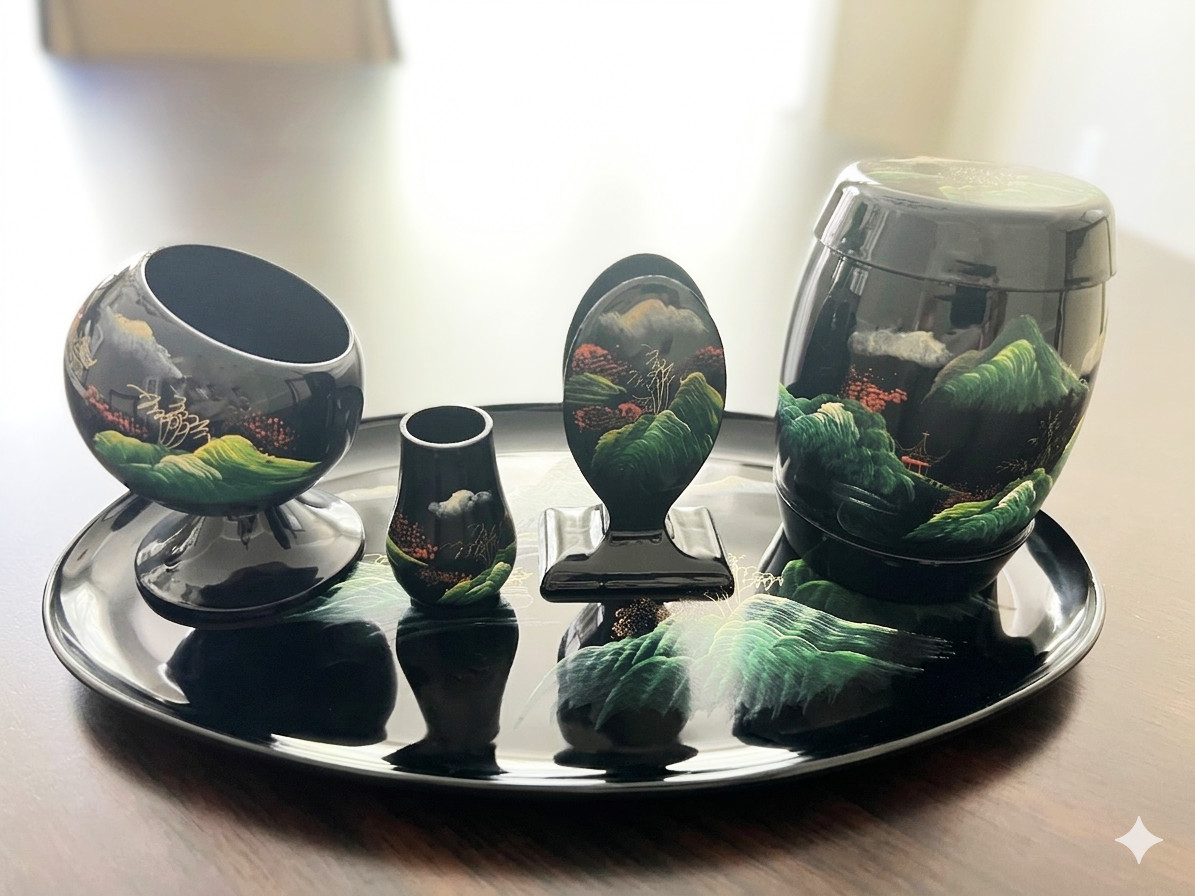 Vintage Mid-Century Asian Black Lacquer Chinoiserie Art Vanity Tray Desk 6pc Set