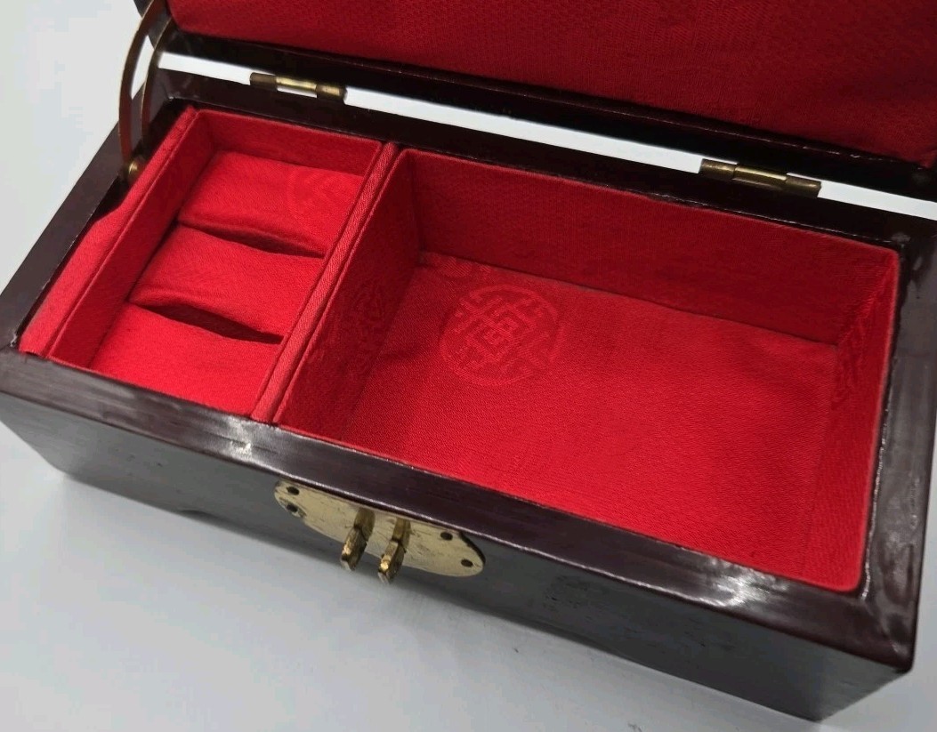 VTG San You Asian Jewelry Wood Box Diorama Cork Art Pagoda Scene Brass Lined