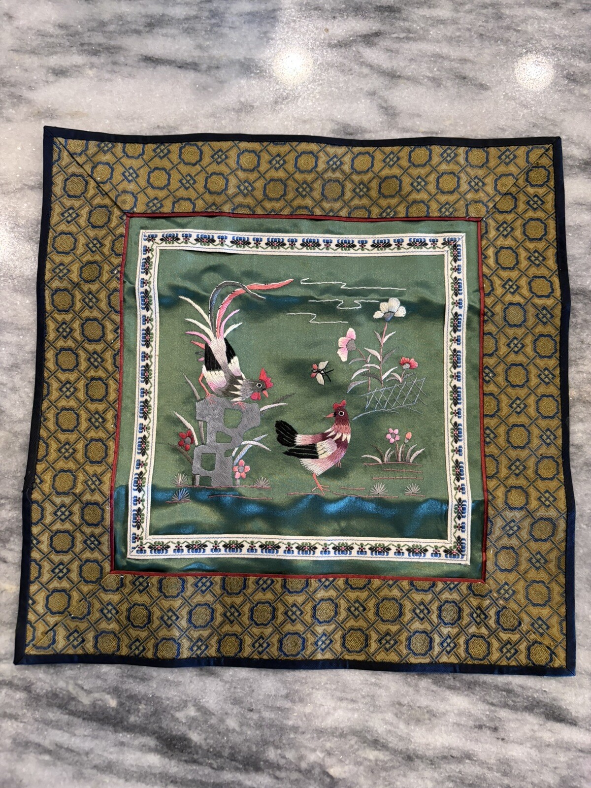 Vintage Chinese 100% Silk Embroidered Textile w/ Chicken And Rooster