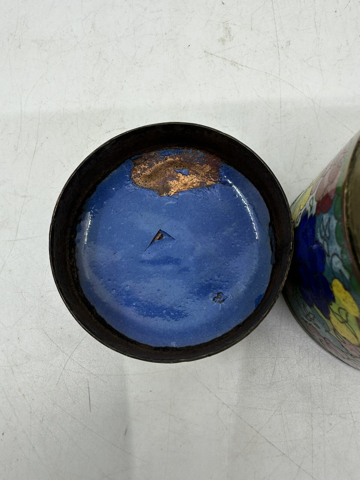 Late 1800’s Chinese Cloisonne Enamel Metal Tea Caddy W Lid Damaged Lid