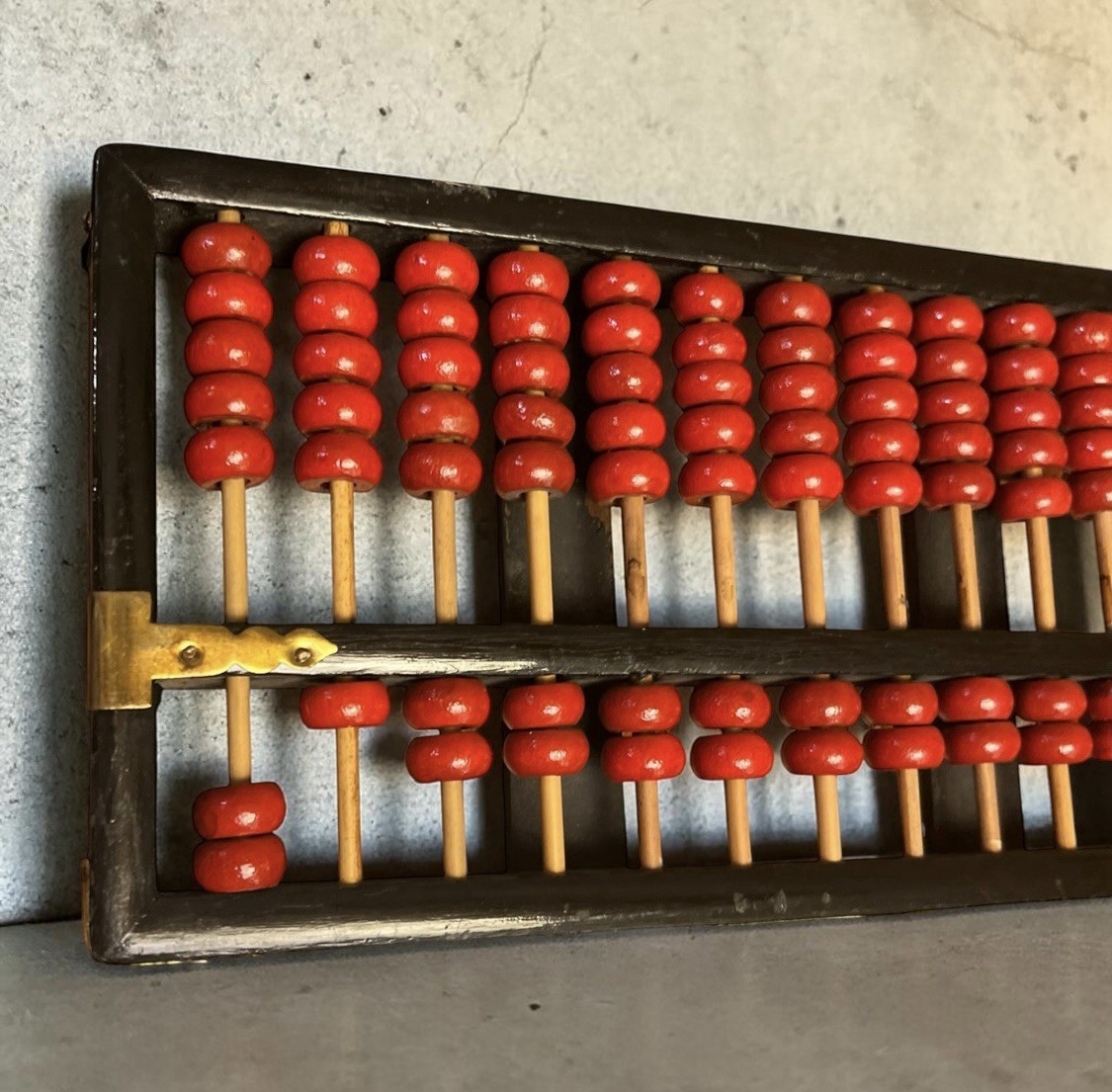 Vintage Lotus-Flower Brand Black Lacquered Wood Abacus Red Beads Brass Trim