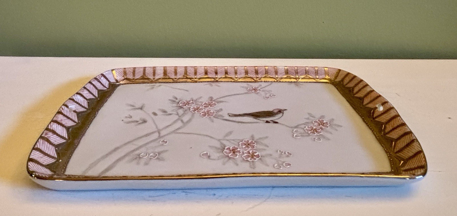 Ceramic Chinoiserie Vanity Tray w/ Hand Painted Cherry Blossoms & Songbirds