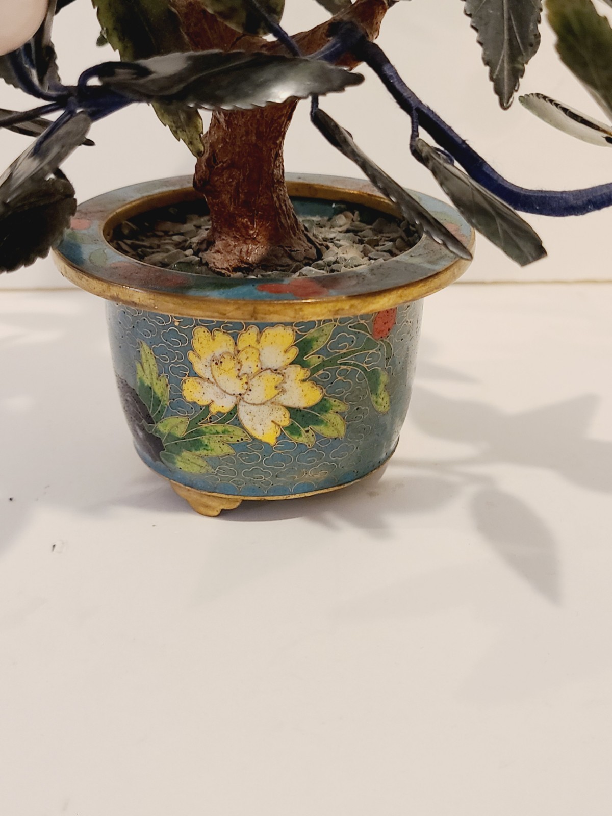 Jade Stone Bonsai Tree Cloisonne Pot Jade Quartz Peaches Cherries