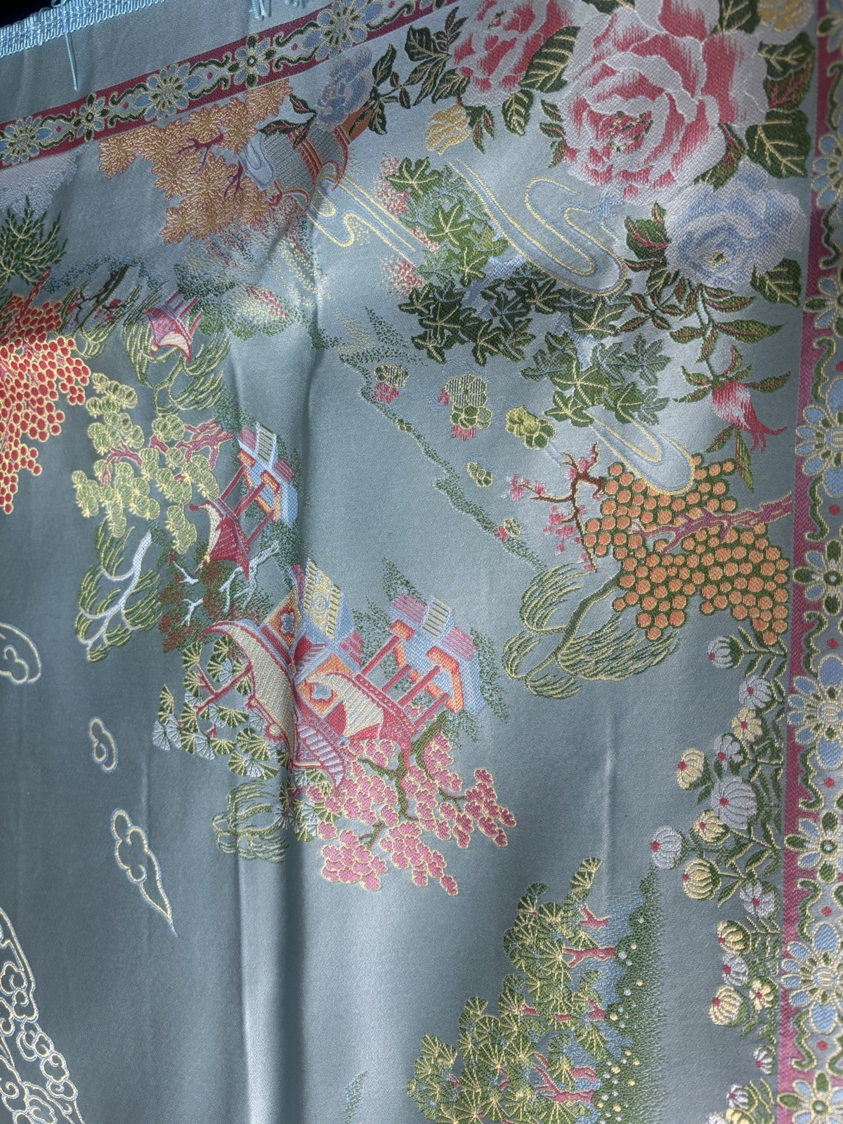 Vintage Silk Brocaded Flowers China Tapestry Table Cloth Box Bright Blue Fringe