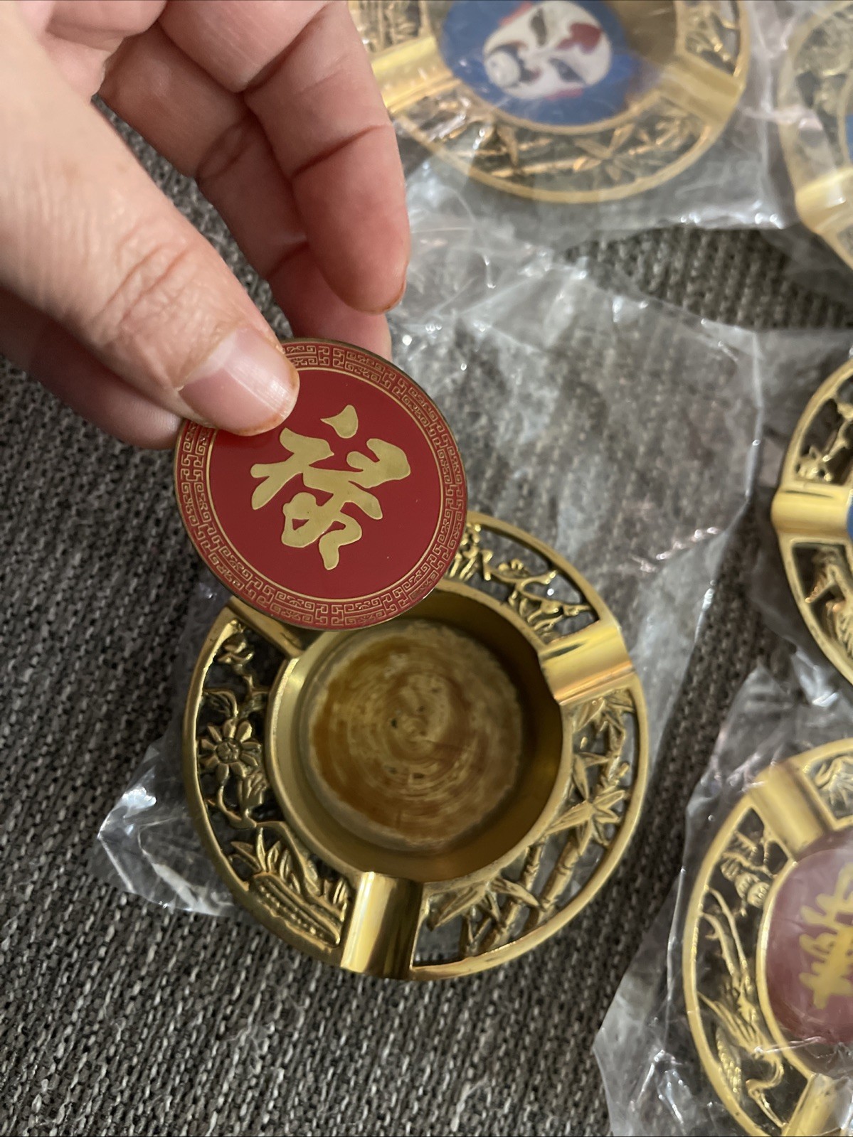 Set 5 Vintage Brass Ashtrays Chinese Opera Mask Designs Taiwan NOS Asian Decor