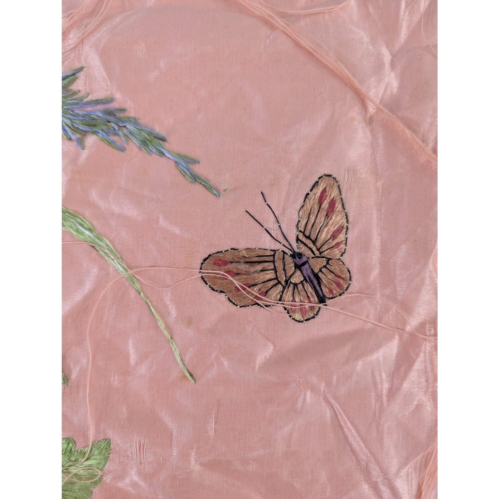 Vintage Chinese Hand Embroidered Floral & Butterfly Silk Textile 23x18in