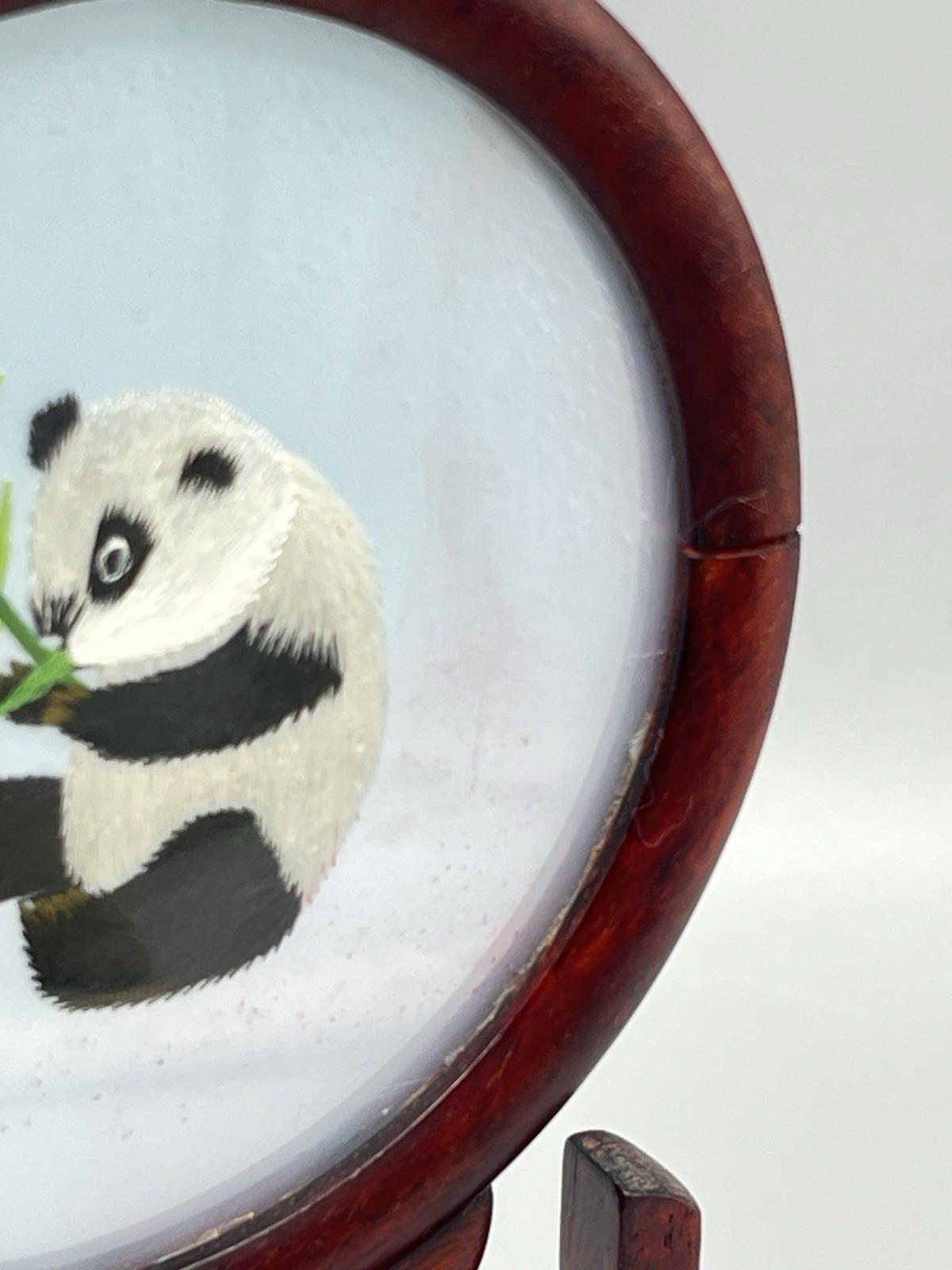 ASIAN Chinese Panda Double Sided Silk Embroidery Wooden Screen – Read