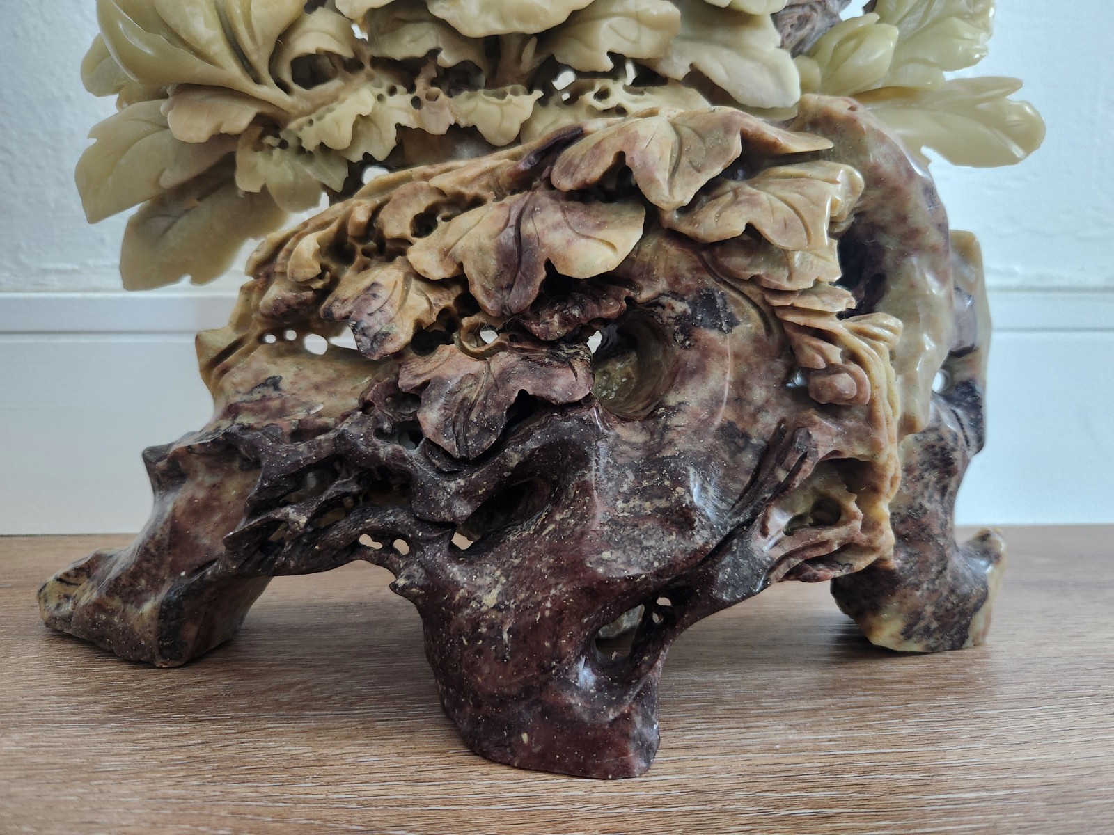 Exceptional Ornate Chinese Soapstone Carving Birds Flowers & Fruit 12″ x 13.5″ T