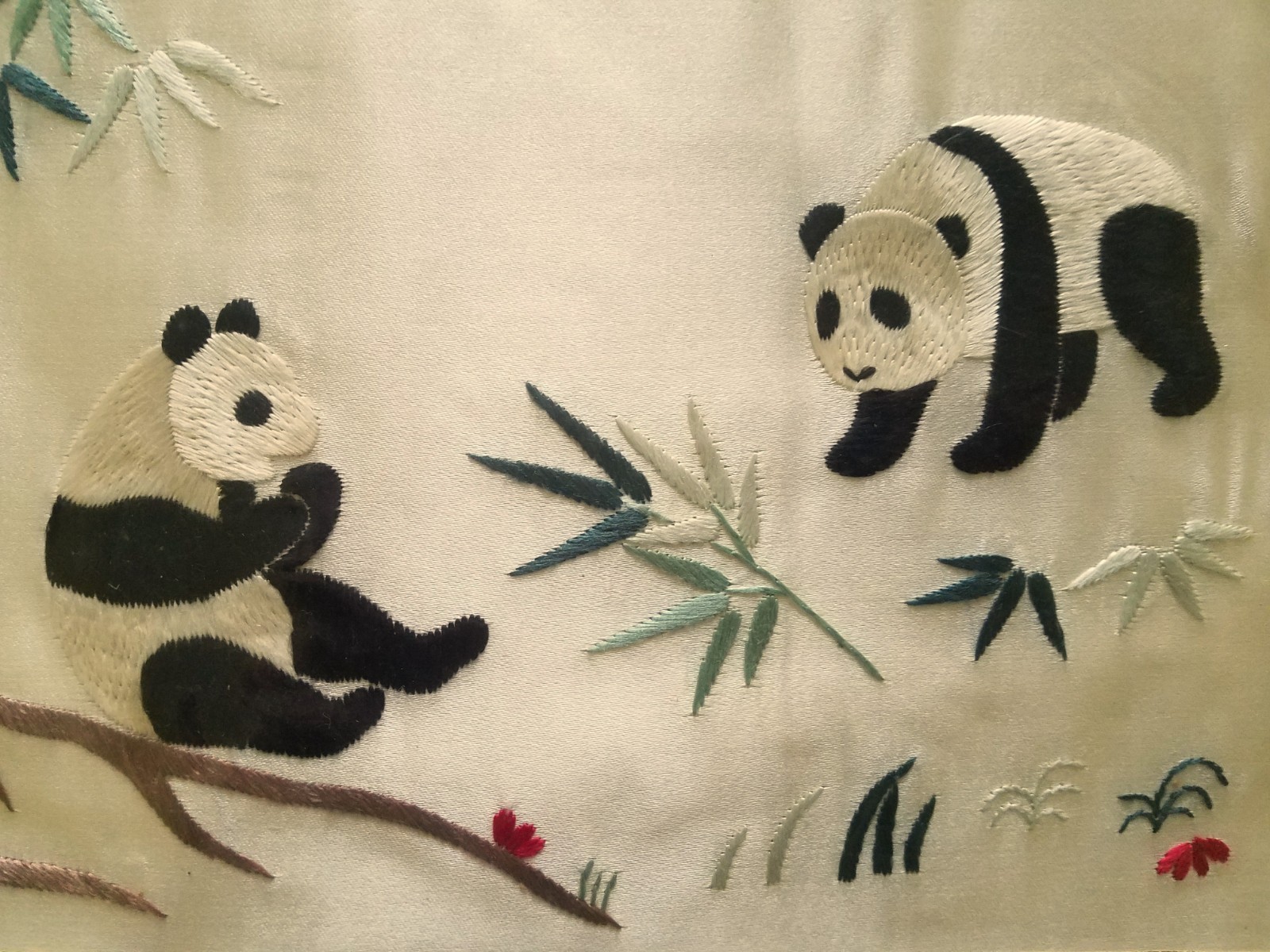Chinese Embroidered Pandas and Bamboo Picture on Silk, Circa 2001