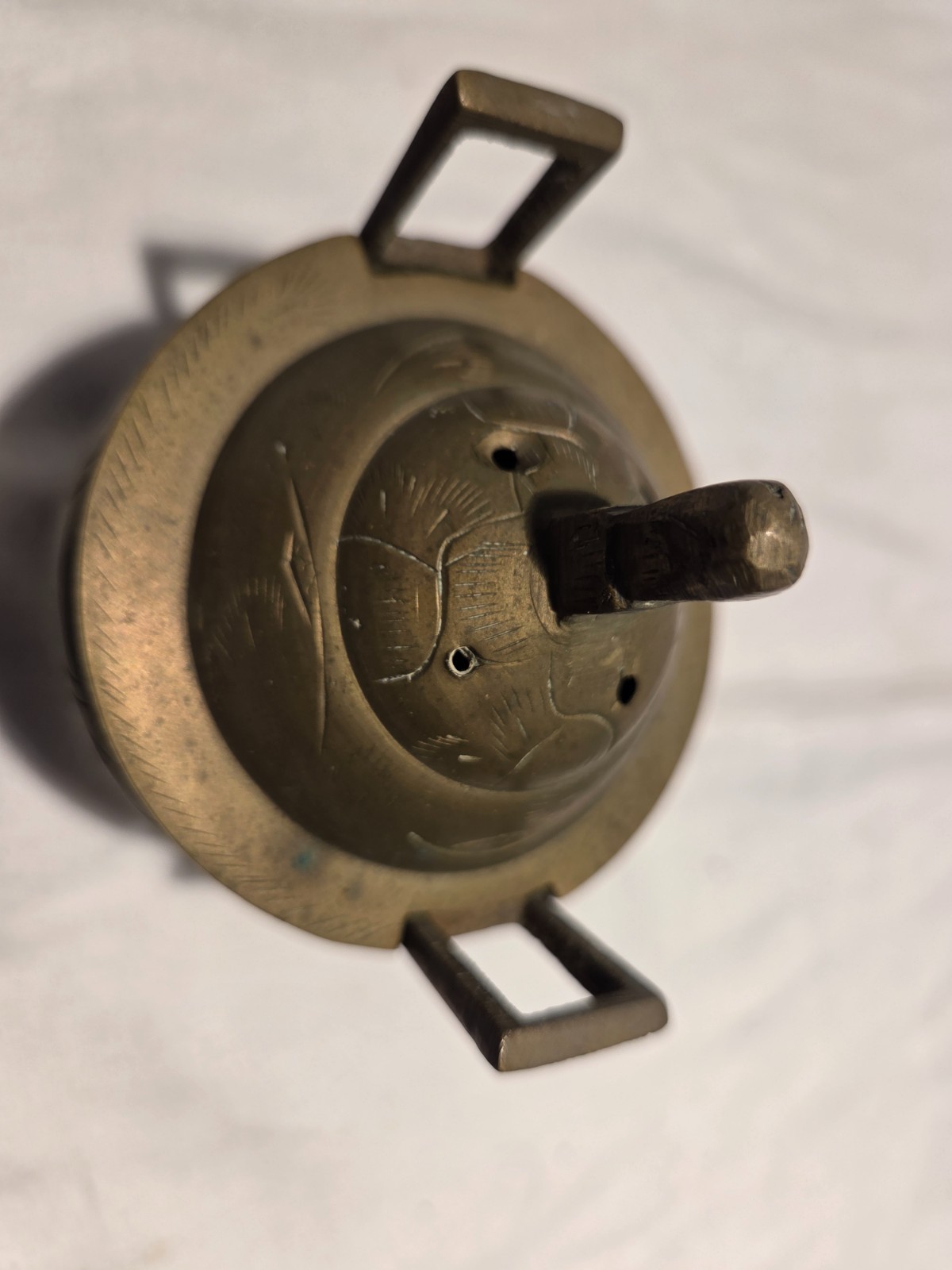 Vintage Marked & etched Chinese Brass Tri-Footed Incense Burner Holder