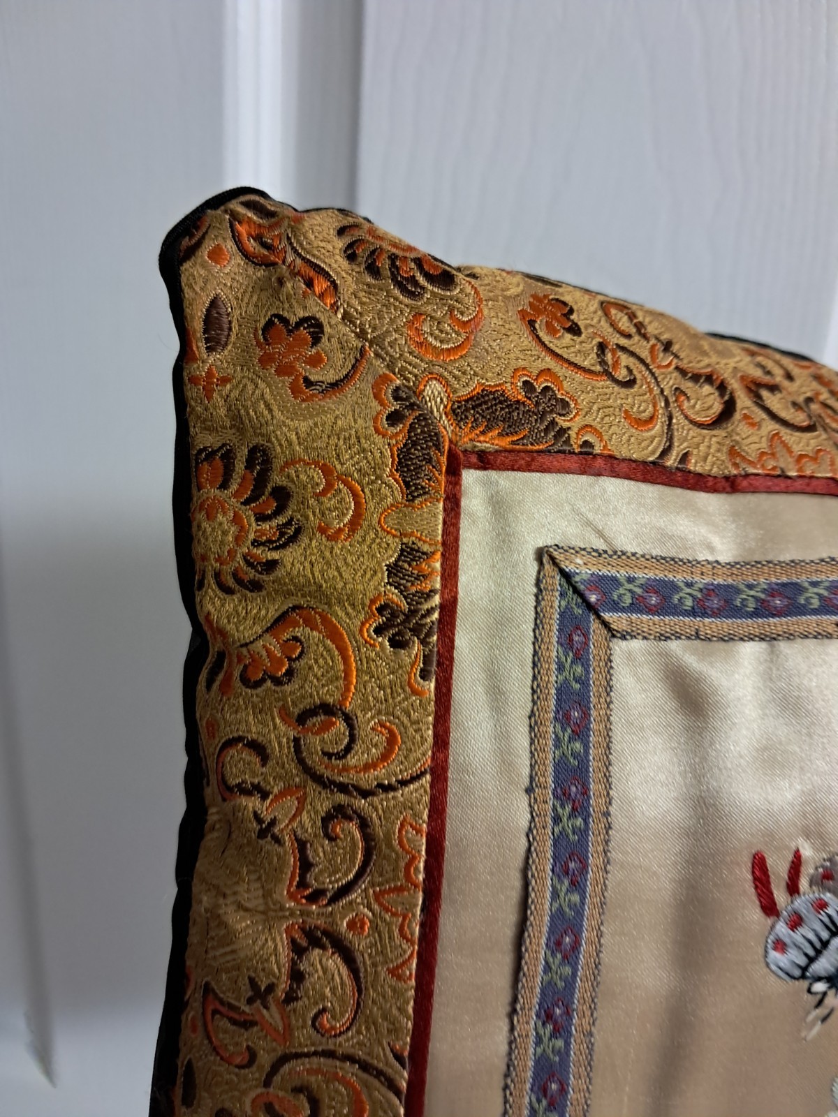 Vintage Chinese Silk Embroidered Decorative Pillow Floral Butterfly 10 X 9 In