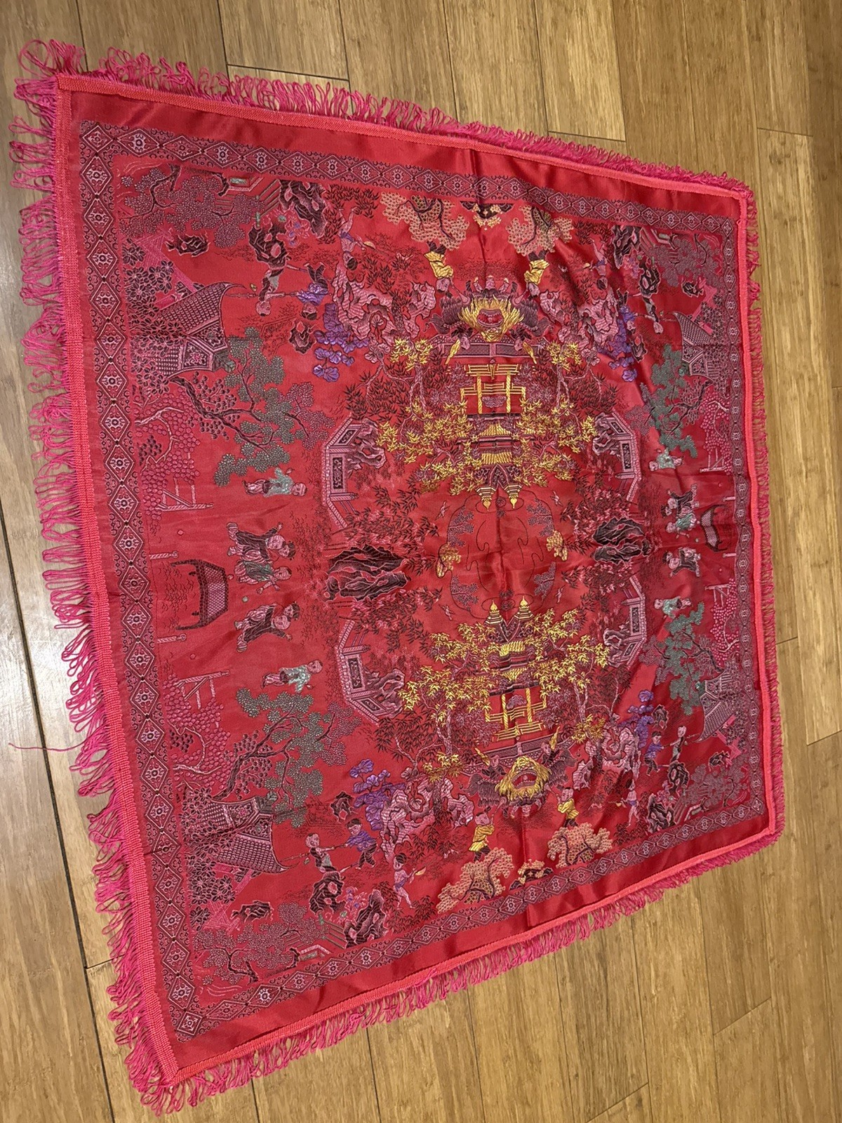 Vintage Brocaded Flowers Chinese Silk Tapestry Table Cloth 38” X 38”