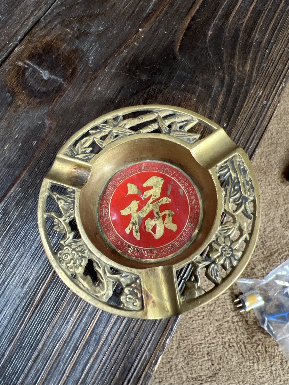 Vintage Chinese Brass Red Enamel Ashtray, Bamboo Floral Design 3.25″ Taiwan