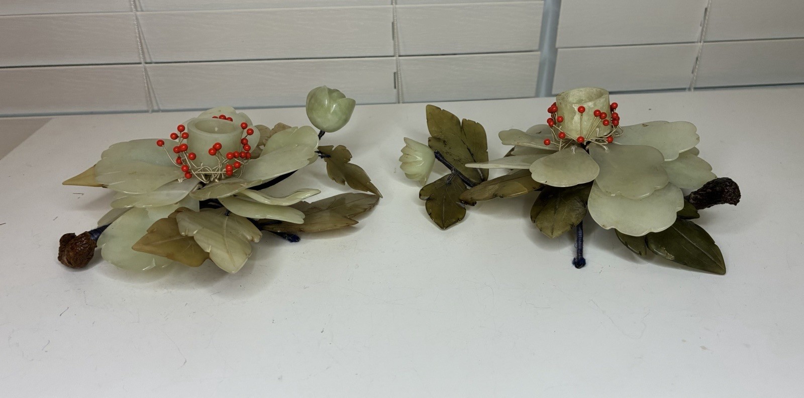 Vintage Chinese Hand Carved Jade Lotus Flower Candle Holder Centerpiece Set of 2
