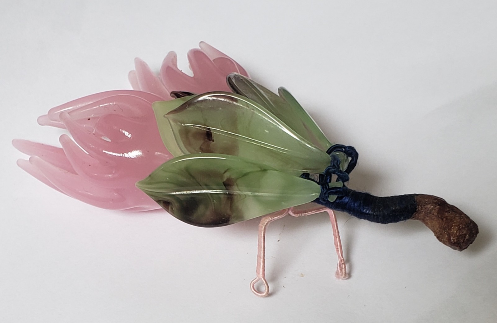 Vintage Chinese Pink Glass Wired Flowers green leaves
