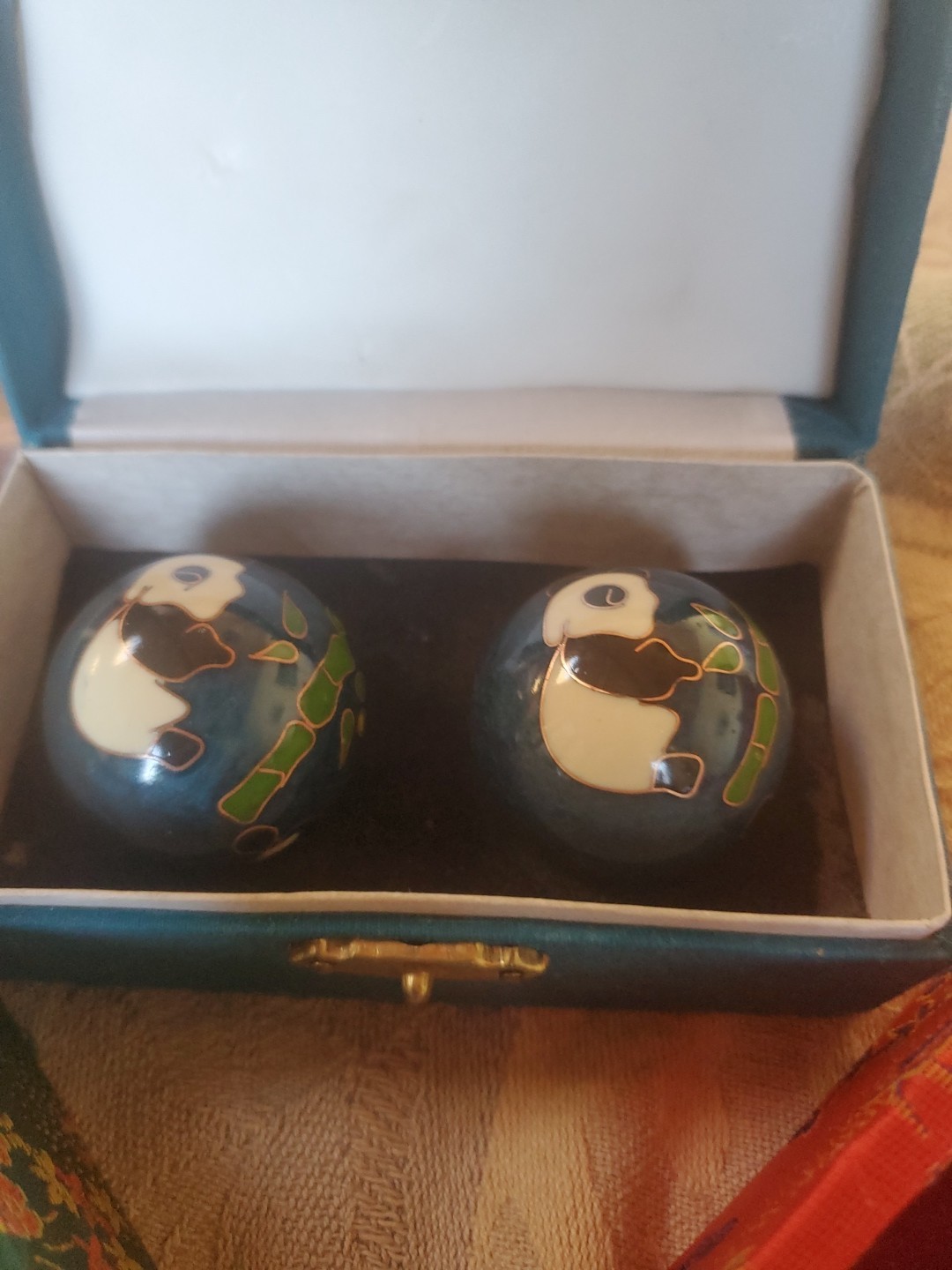 Chinese Baoding Stress Relief Balls -Panda Design Original Brocade Box Lot Of 3