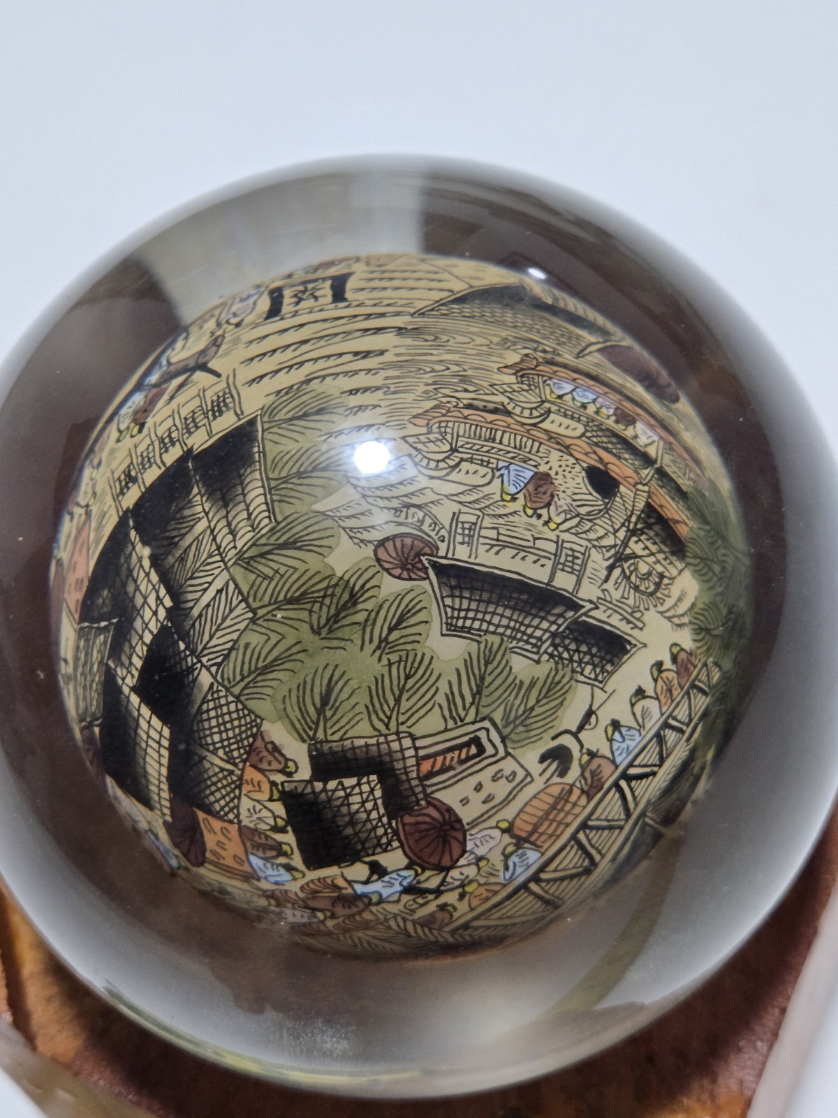Vtg Chinese Reverse Paint Globe Orb Sphere With Wooded Base 4″ Round Rare!