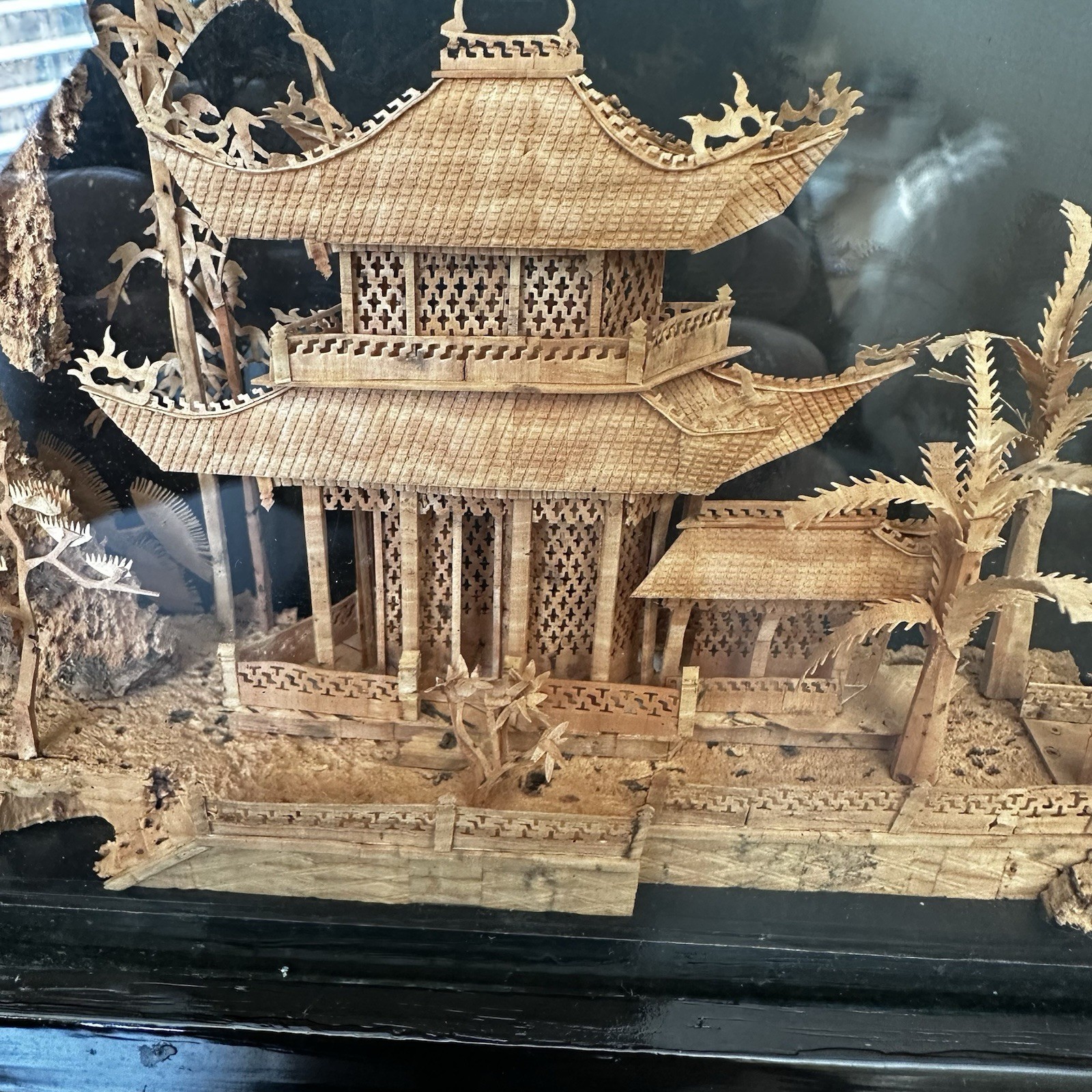 Vintage Chinese Cork Art Diorama 12.5” Pagoda Bridge Cranes Display Case