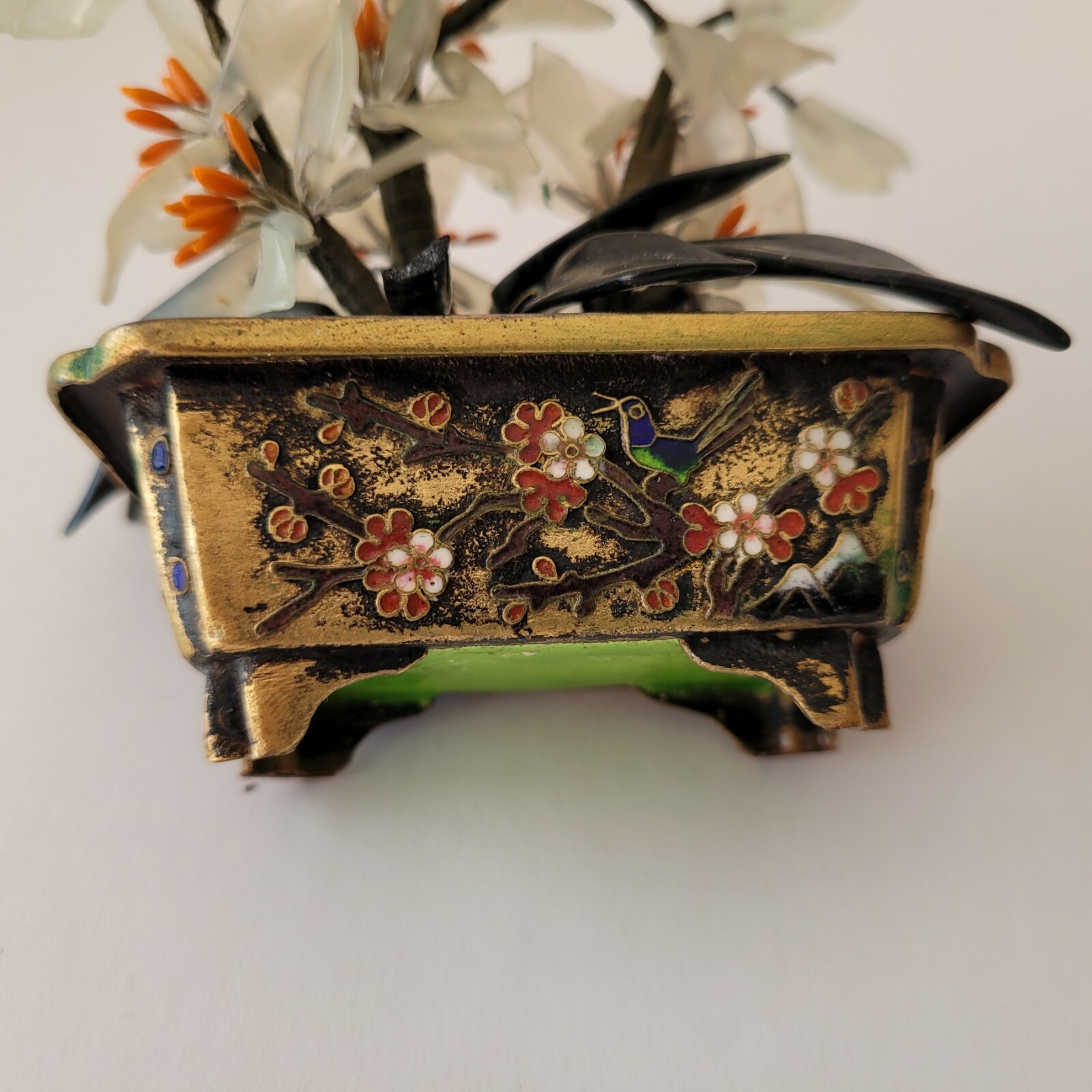 Stone Bonsai in Cloisonne Planter Flower Pot Quartz Jade