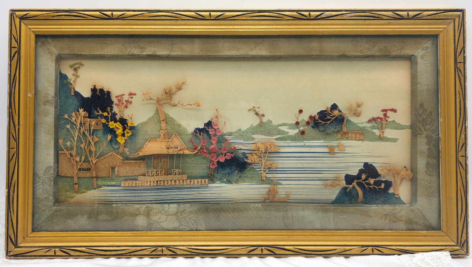 Chinese Intricate Scenery Sculpted Cork Diorama in Shadow Box Frame Watercolor