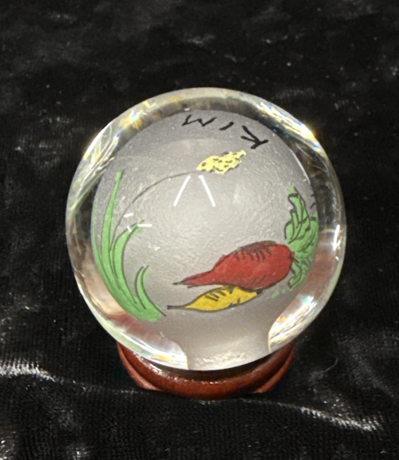 Chinese reverse painted Glass Ball Sphere Orb Rabbit w/Stand 1 3/4″ x 1 1/2″