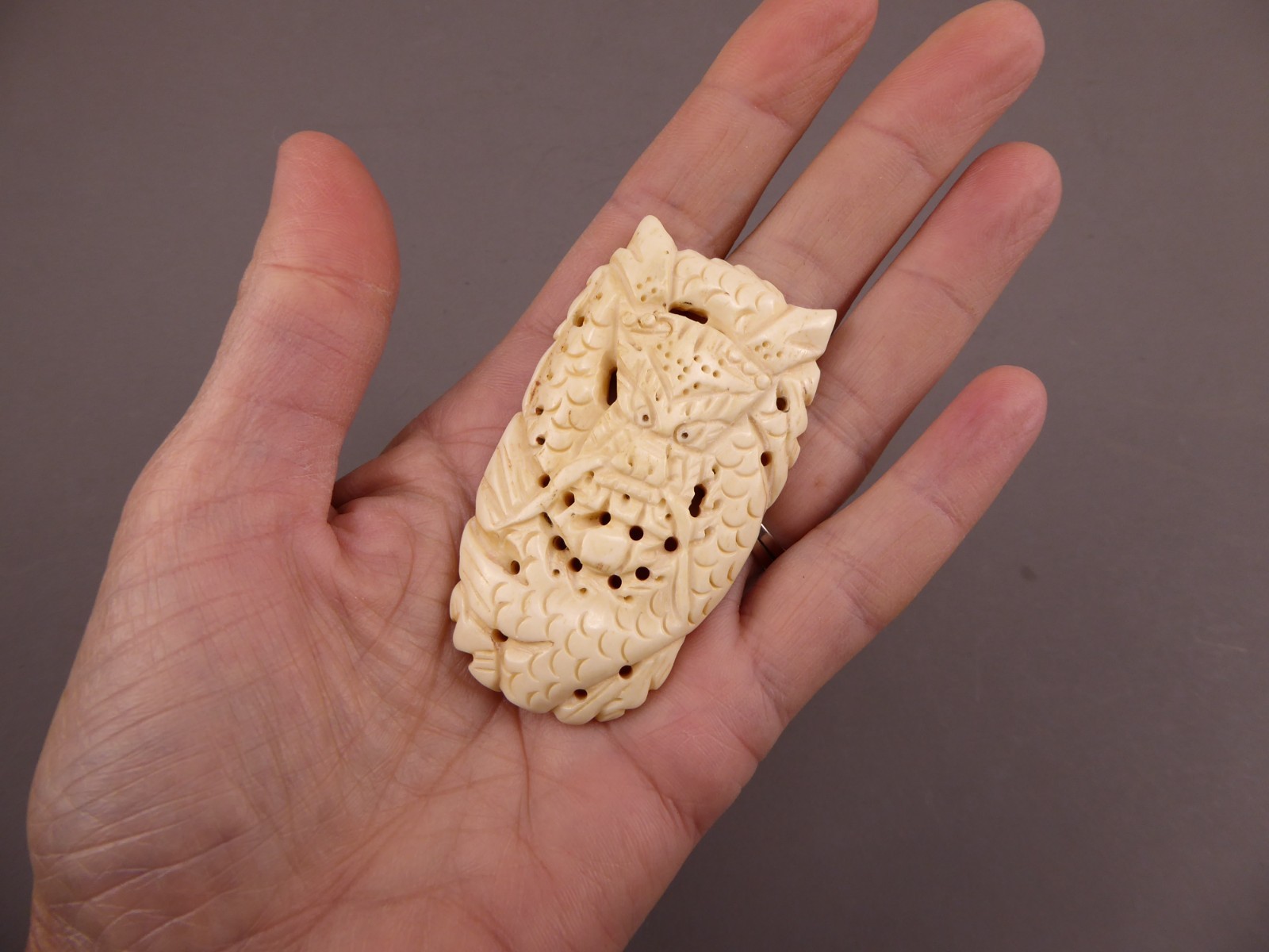 Large Cow Bone Carved Chinese Dragon Pendant Netsuke