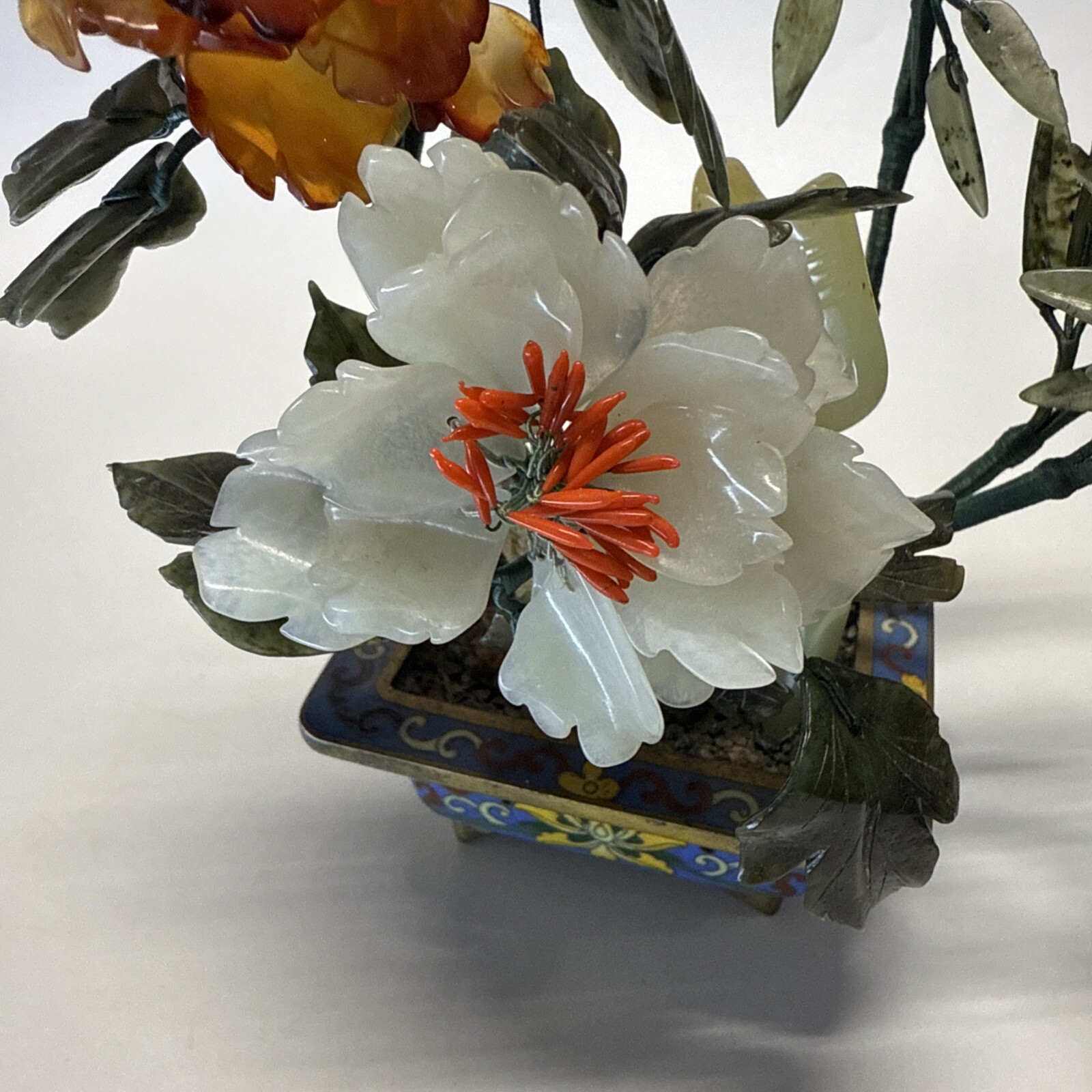 Vintage Chinese Qing Dynasty Turquoise Bonsai Tree in Cloisonné Planter Pot