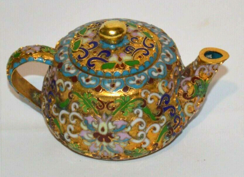 Vintage Brass Enamel Cloisonné miniature Teapot