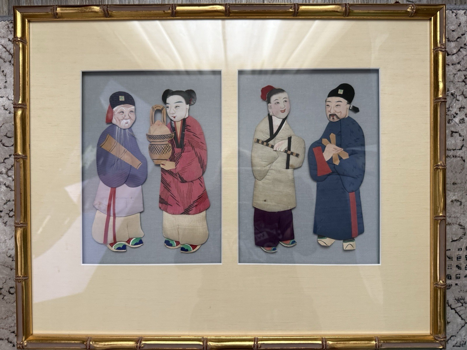 Vintage Chinese Silk Relief 3-D Figures – Framed 16”x 19” Hand-painted Immortals