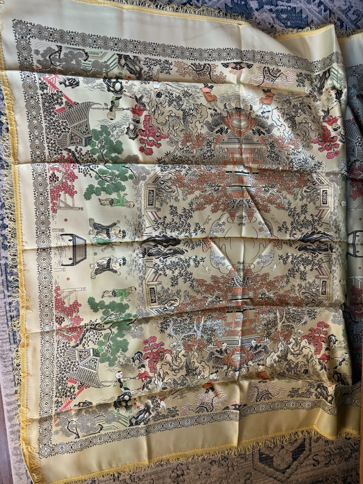 Vintage Chinese Silk Brocade Tablecloth woven fringe children scenes 37 x38”