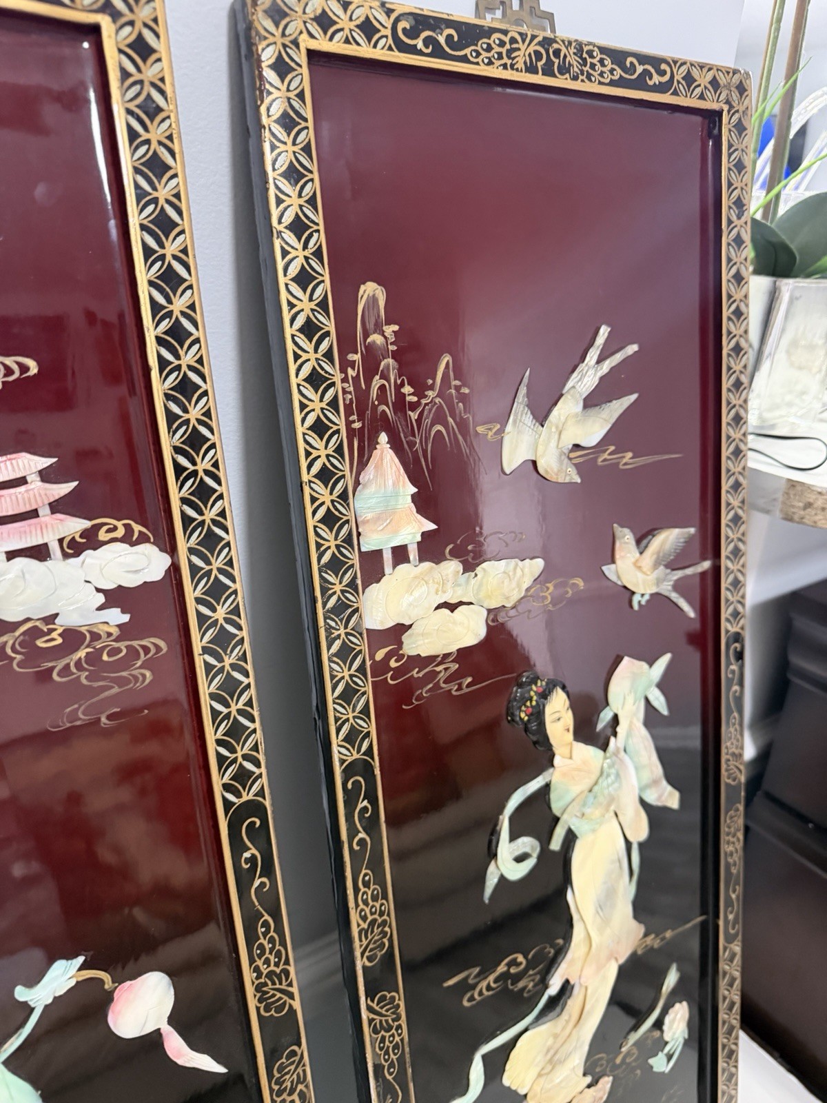 Pair Chinese Lacquer Mother of Pearl Wall Panels 12×36 Asian Art Decor