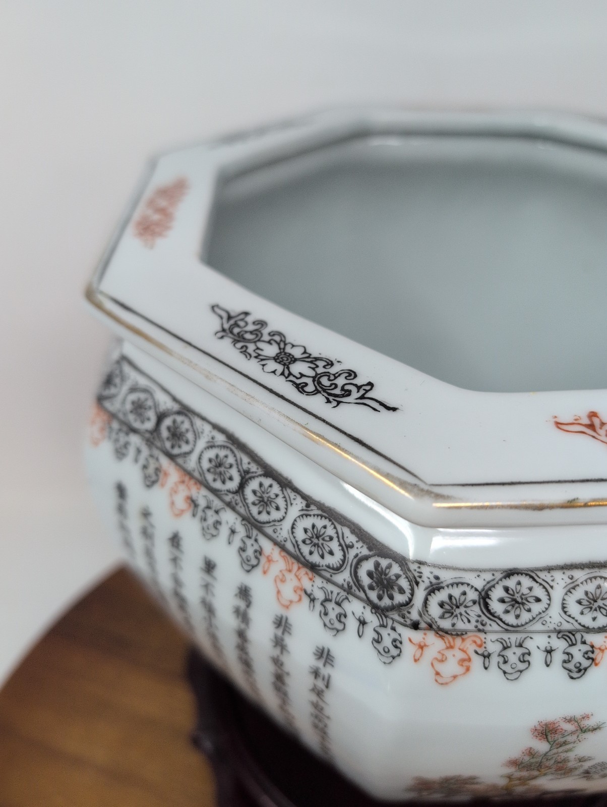 Asian Hexagonal Porcelain Planter 9.25″ By 9″ Tall Women Butterflies Calligraph