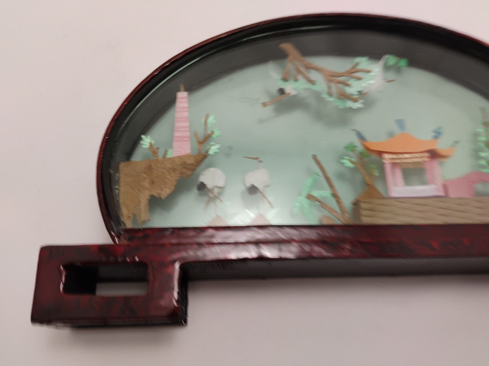 Vintage Chinese Cork Art HAND MADE Oval Lacquered Wood Glass 14×2″ Beautiful