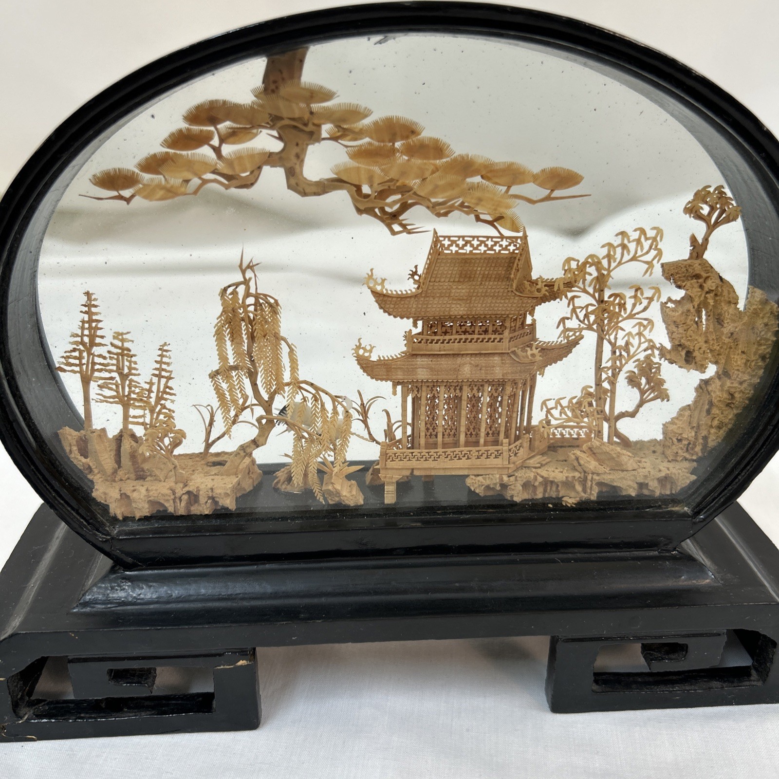 Set Of Vtg Oval Chinese Cork Art Hand Carved Diorama Pagoda Cranes Trees Cliff