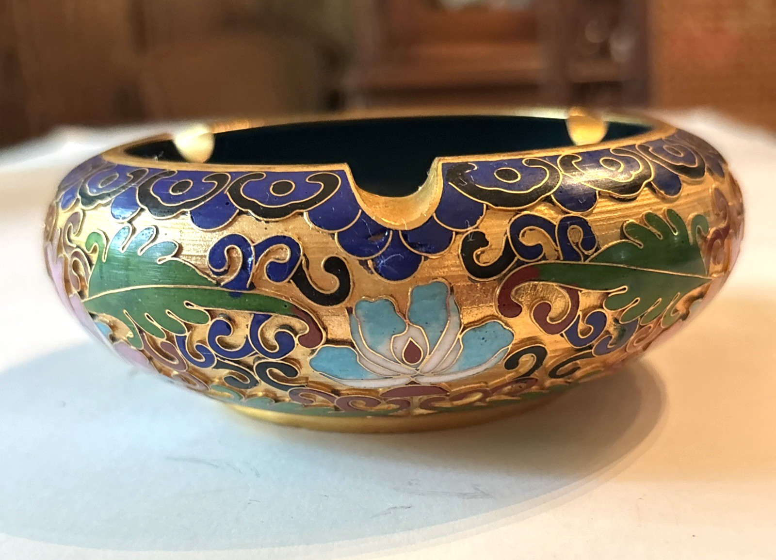 Vintage Chinese Cloisonne Enamel Ashtray Lotus Flowers Teal Gold MCM 4.5” Ornate