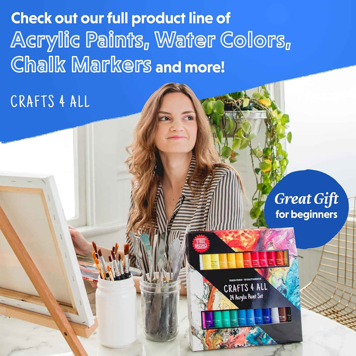 Acrylic Paint Set for Adults and Kids – 24 Pack of 12Ml Paints with 3 Art Brushe