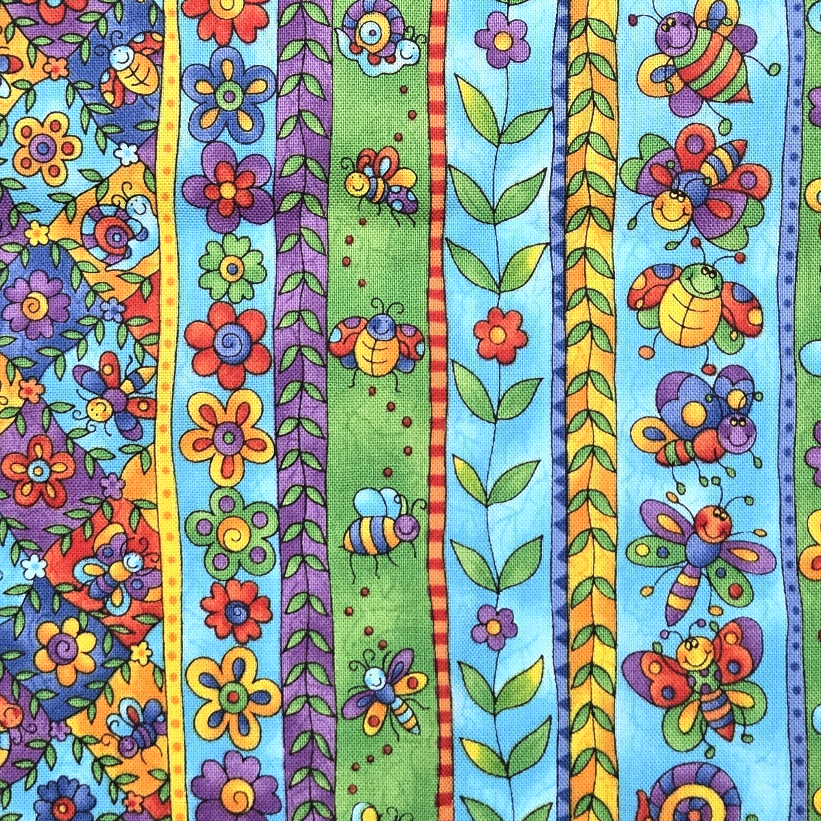 Boho Bugs Flowers Stripes Giggles Hoffman International Cotton Fabric 28″ L READ