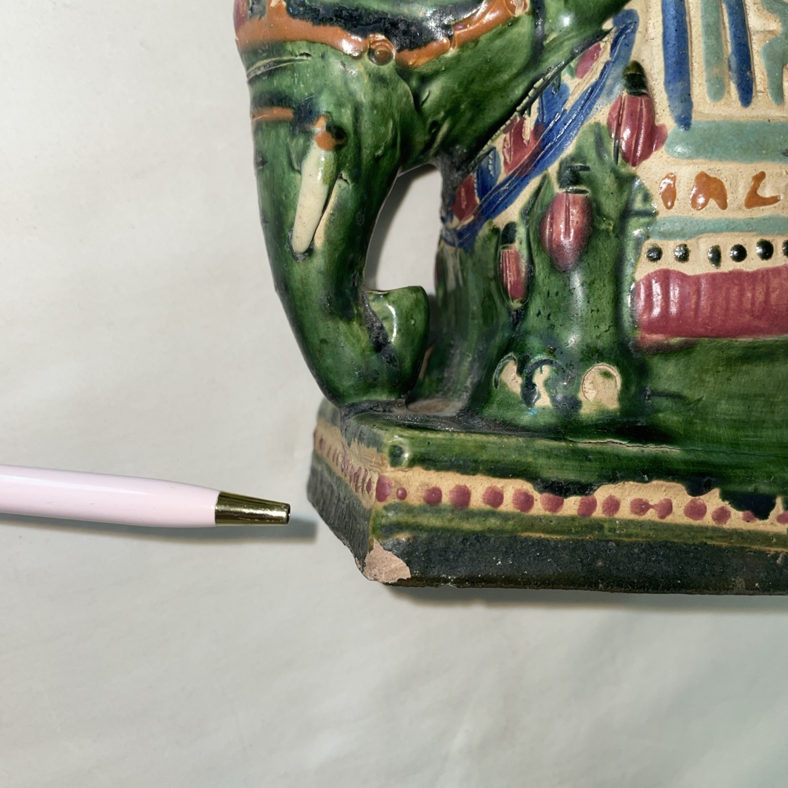 VTG Pr of Ceramic Hand Painted Majolica Asian Elephant Statue