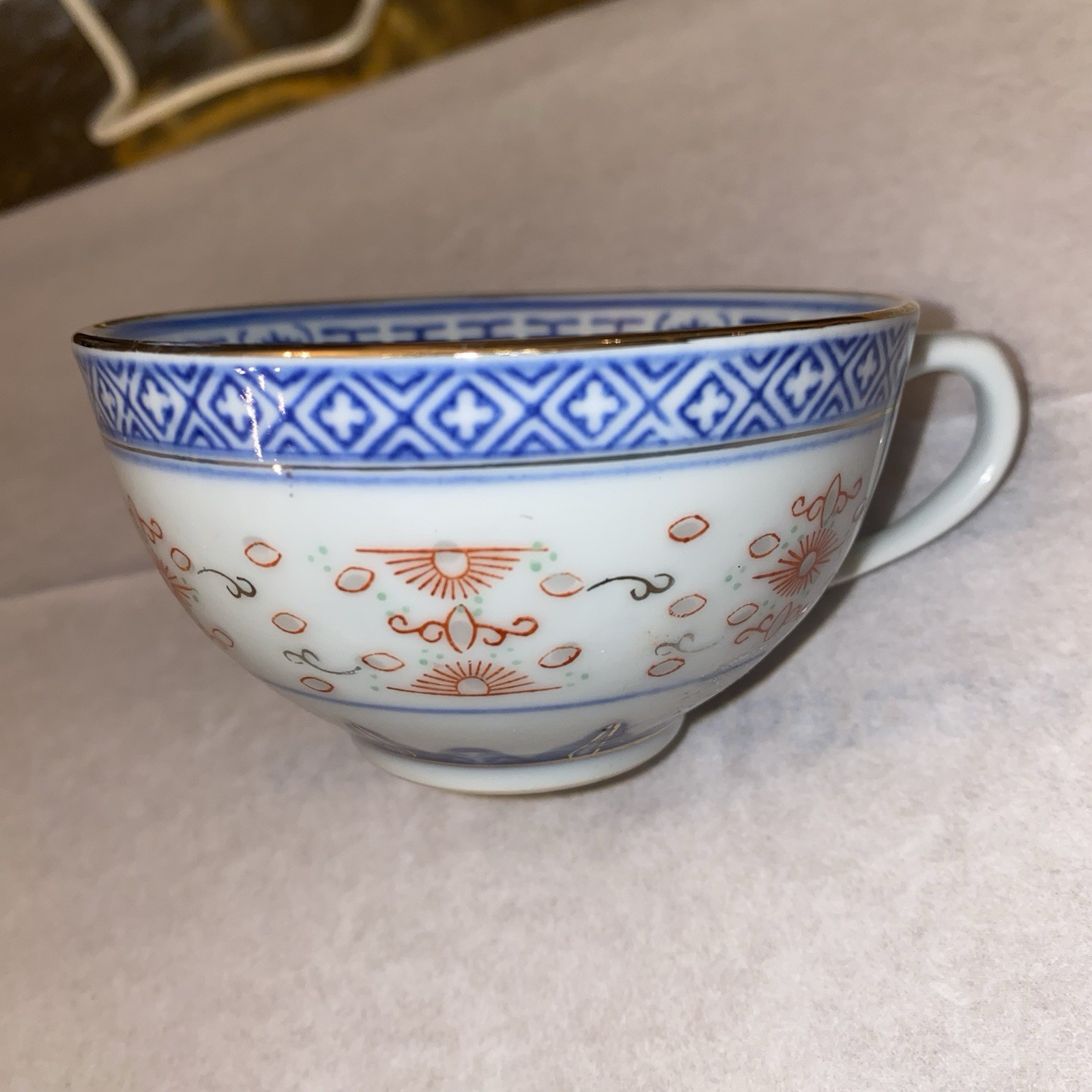 Vtg. Chinese Gilded Blue/White Jingdezhen Rice Design replacement CUP-Beautiful