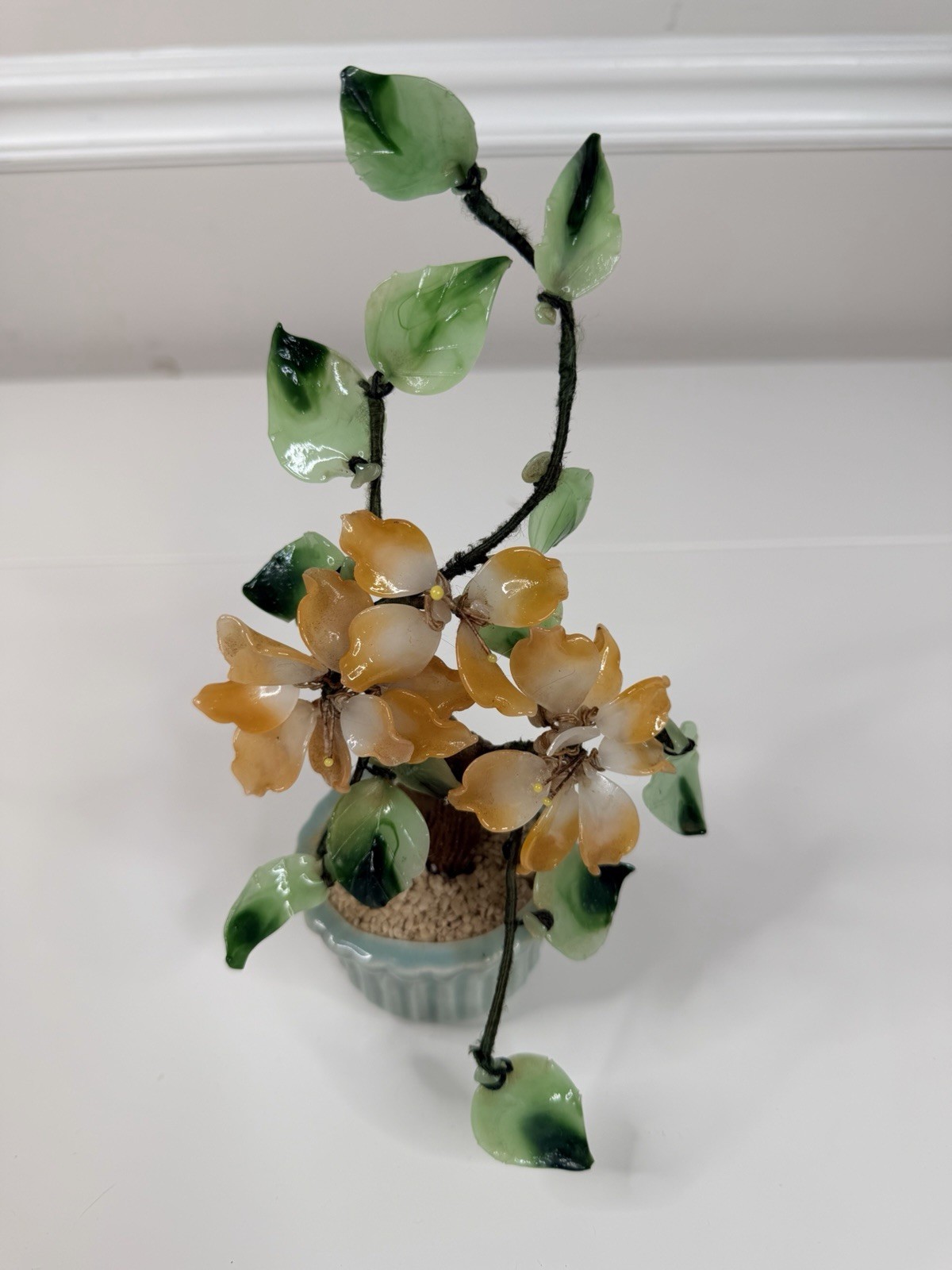 Vintage Asian Jade Glass peach green Cherry Blossom Bonsai Tree 9” Inch