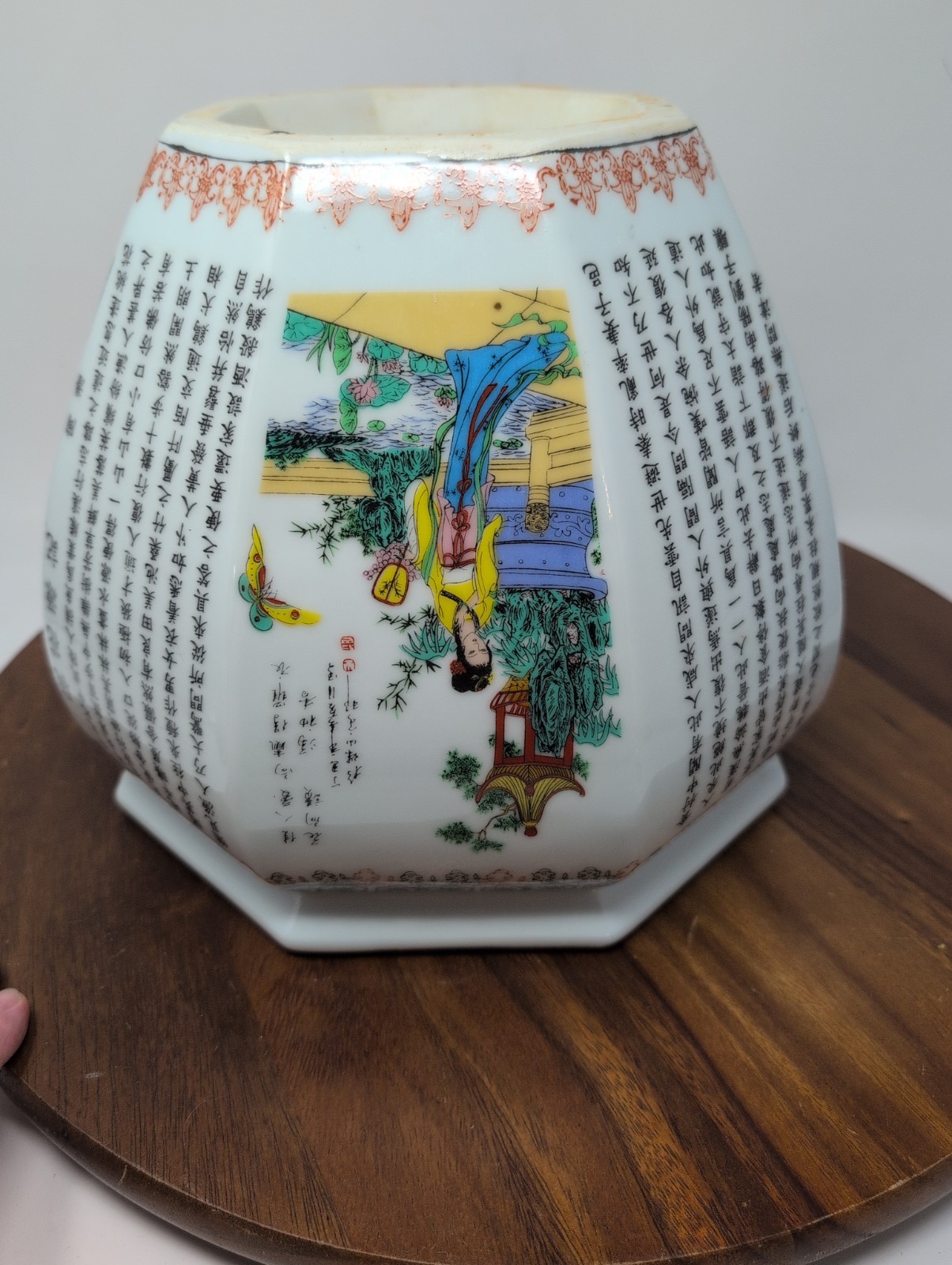 Asian Hexagonal Porcelain Planter 9.25″ By 9″ Tall Women Butterflies Calligraph