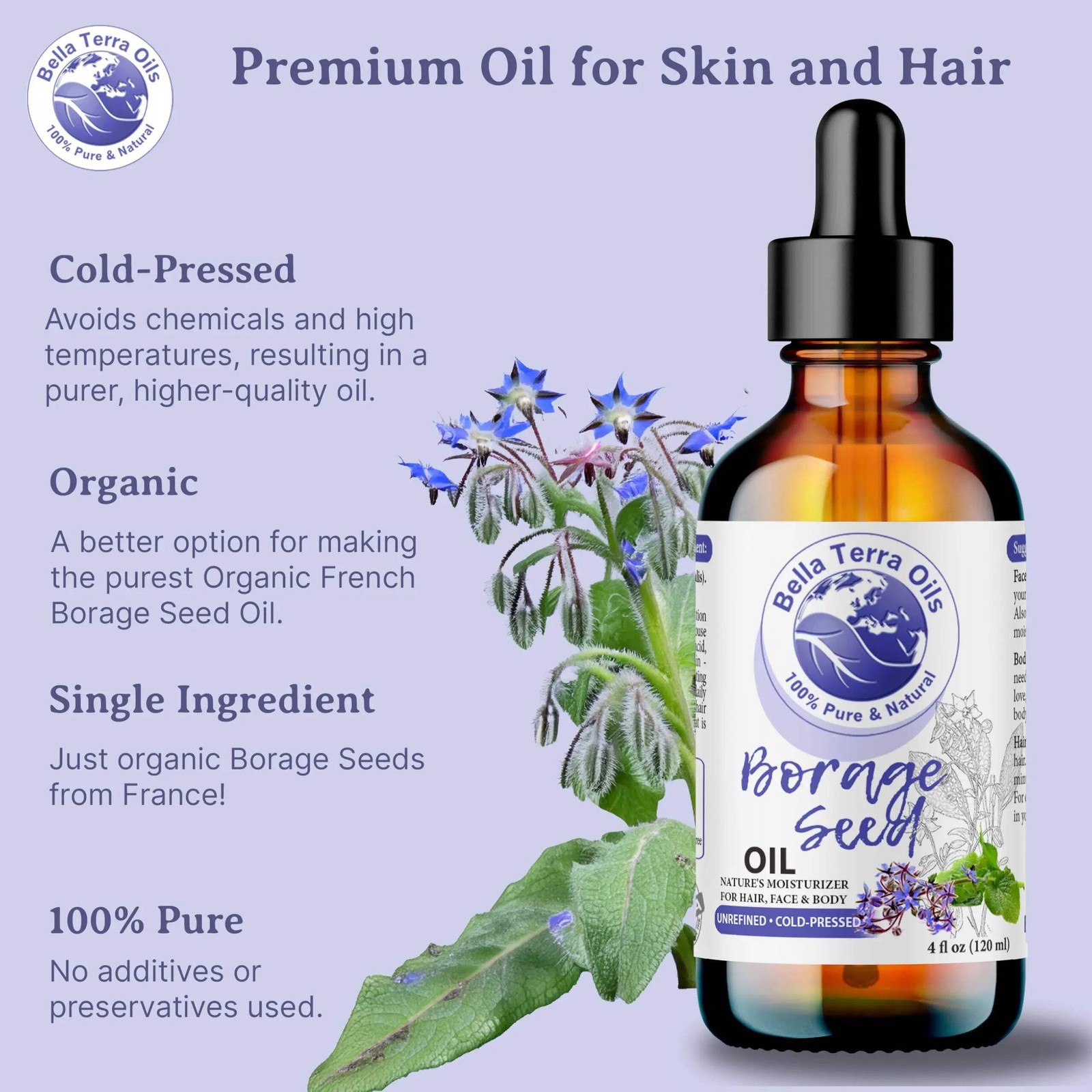 Borage Seed Oil: Cold-Pressed, Pure, Ideal for Skin and Hair Nourishment
