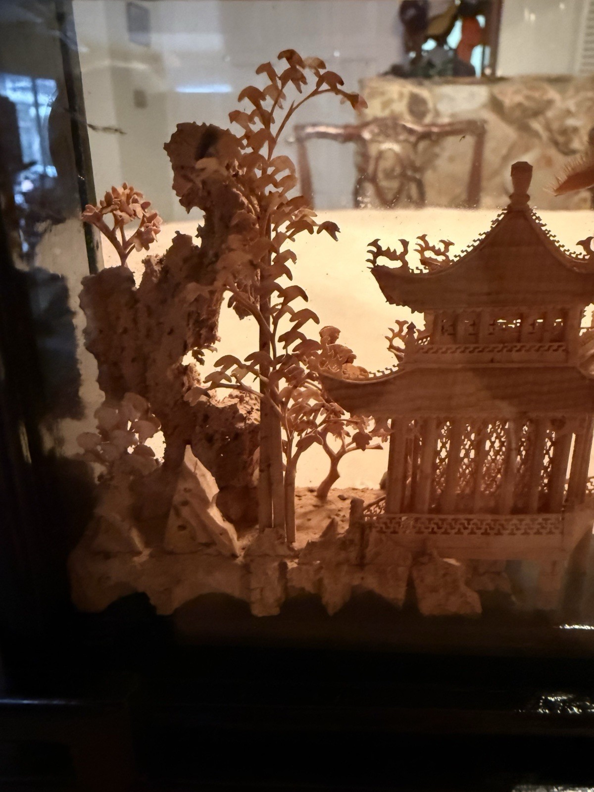 Vintage Chinese San You Cork Art Hand Carved Diorama Pagoda Cranes Trees