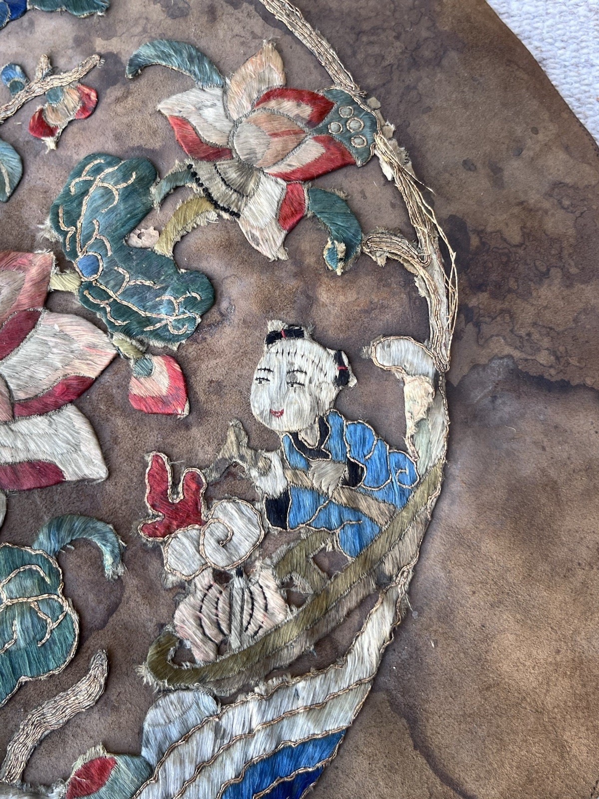 Antique Chinese Asian Leather Embroidered Silk Roundel Art Panel 15″ Qing Floral