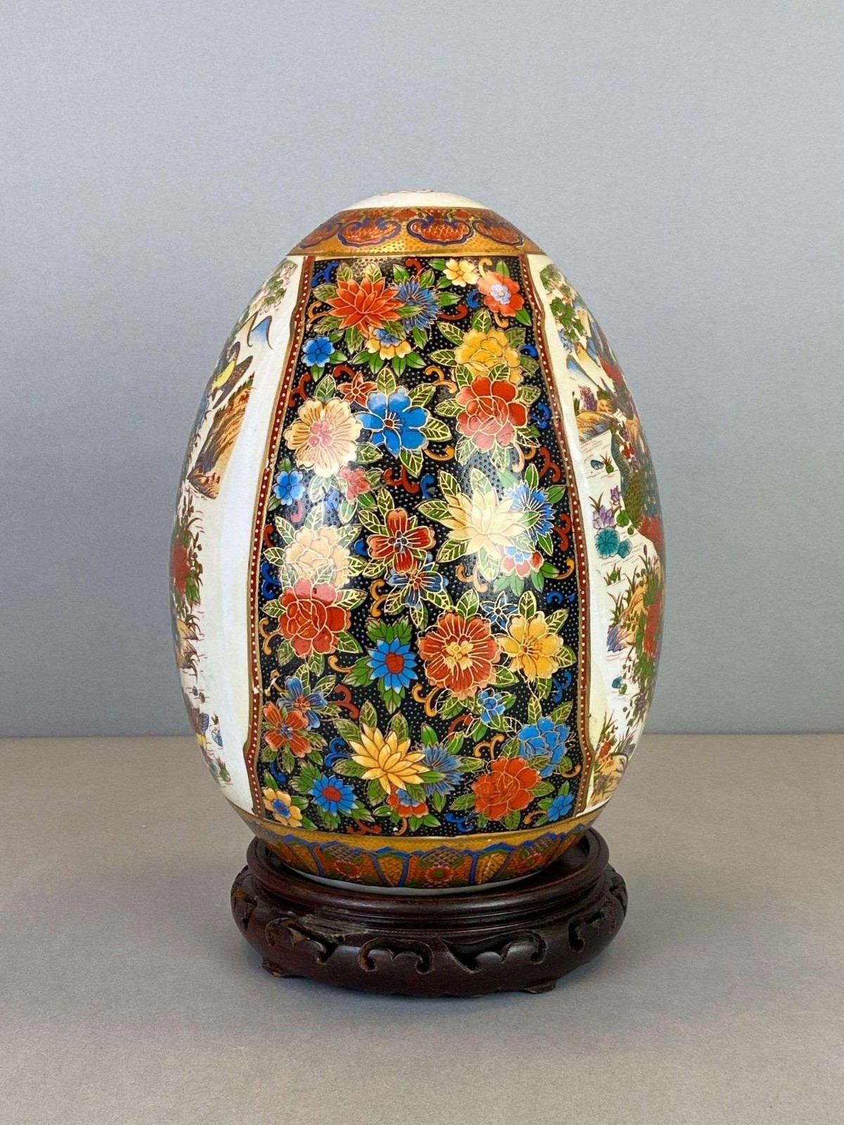 Vintage Hand Painted Chinese Gilded Rose Porcelain Egg Statue Magnificent